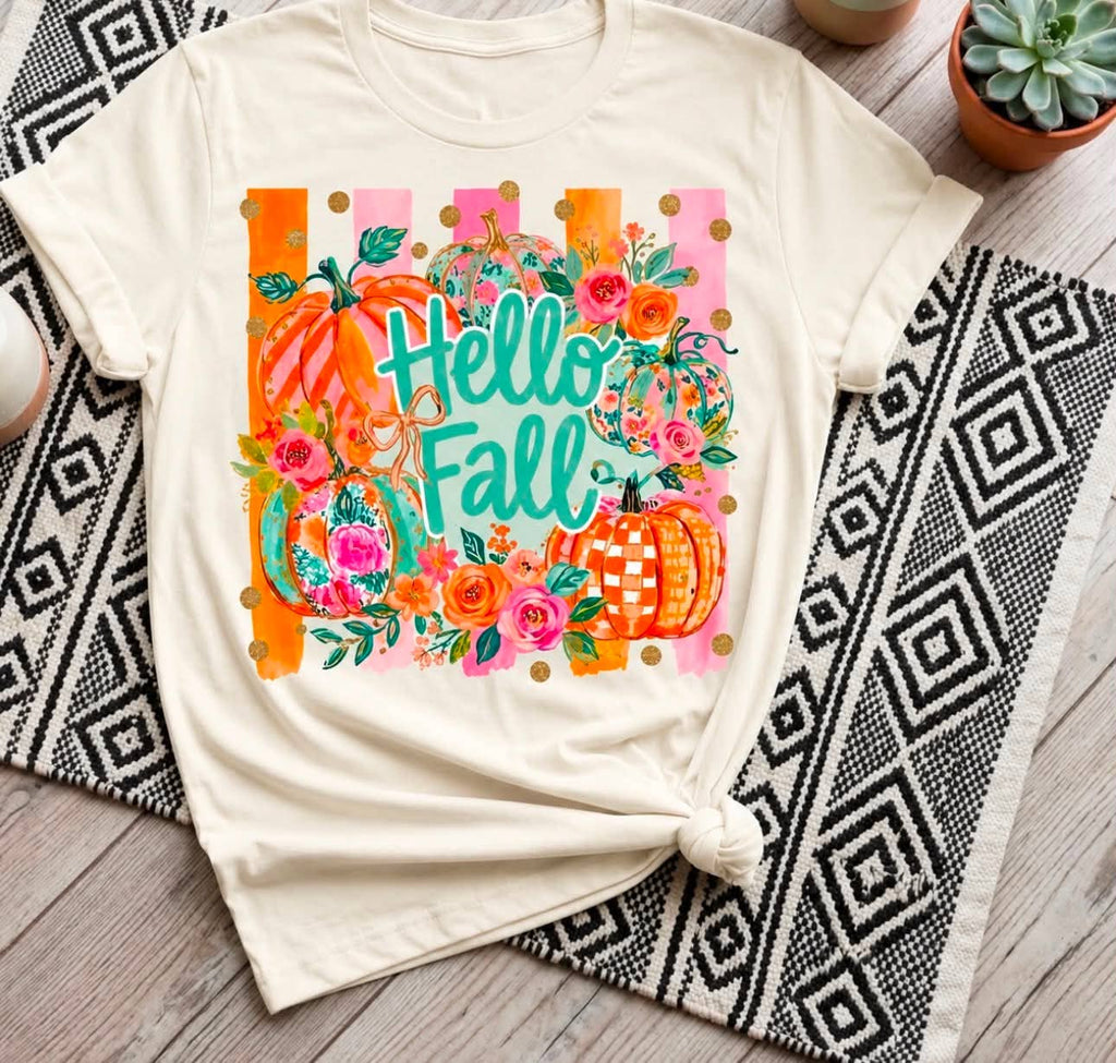 Hello Fall Pumpkin Retro Wreath Cream Seasonal Graphic Tee