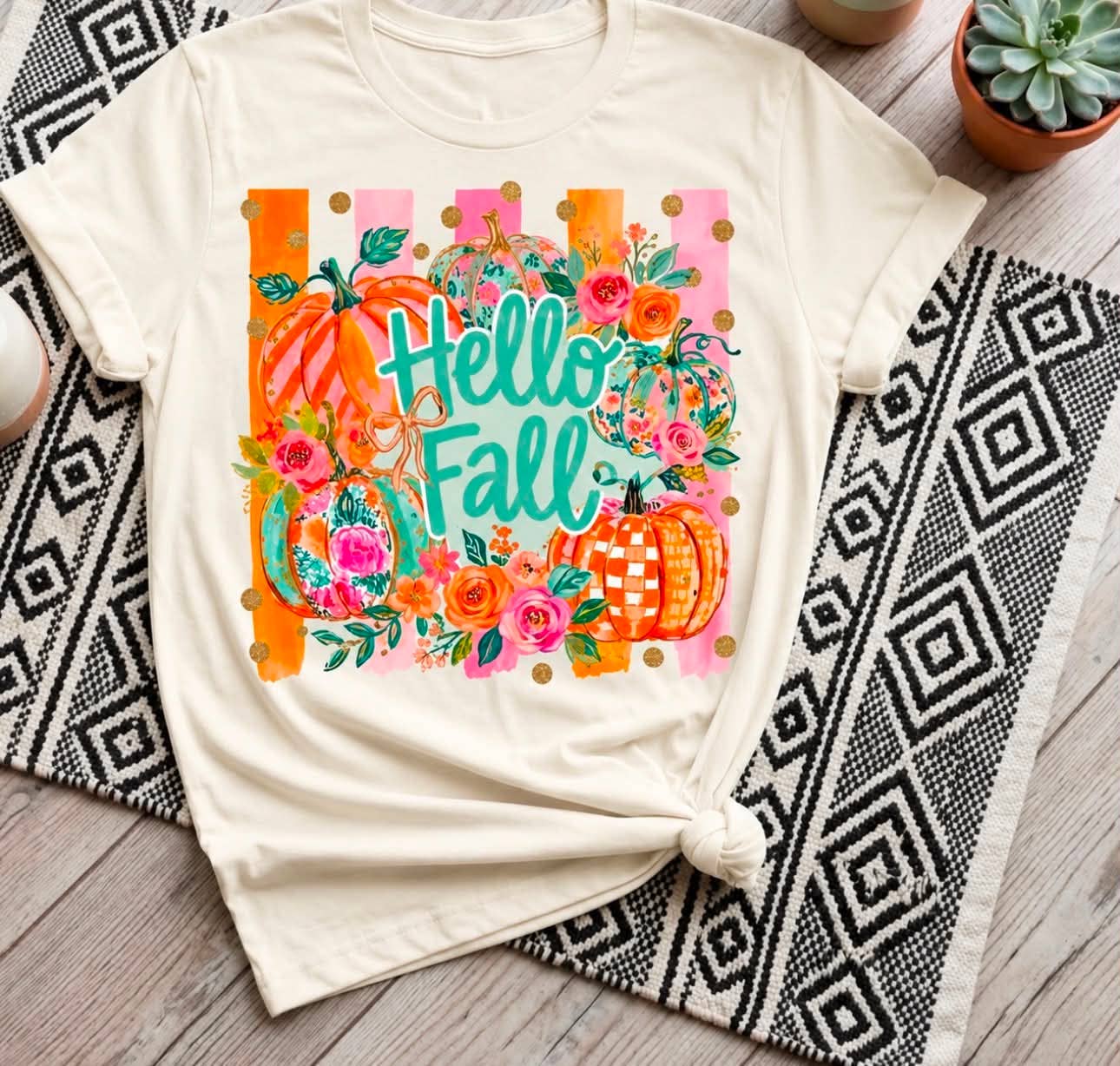 Hello Fall Pumpkin Retro Wreath Cream Seasonal Graphic Tee