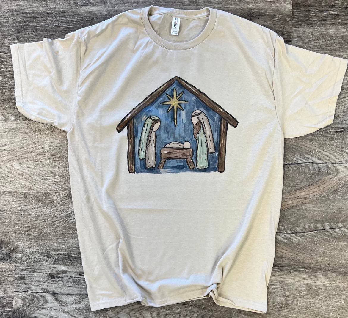 Watercolor Night Jesus Was Born Nativity On Silver Tee