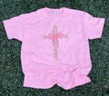 Cross with Leaves and Pink Bow On Pink Tee