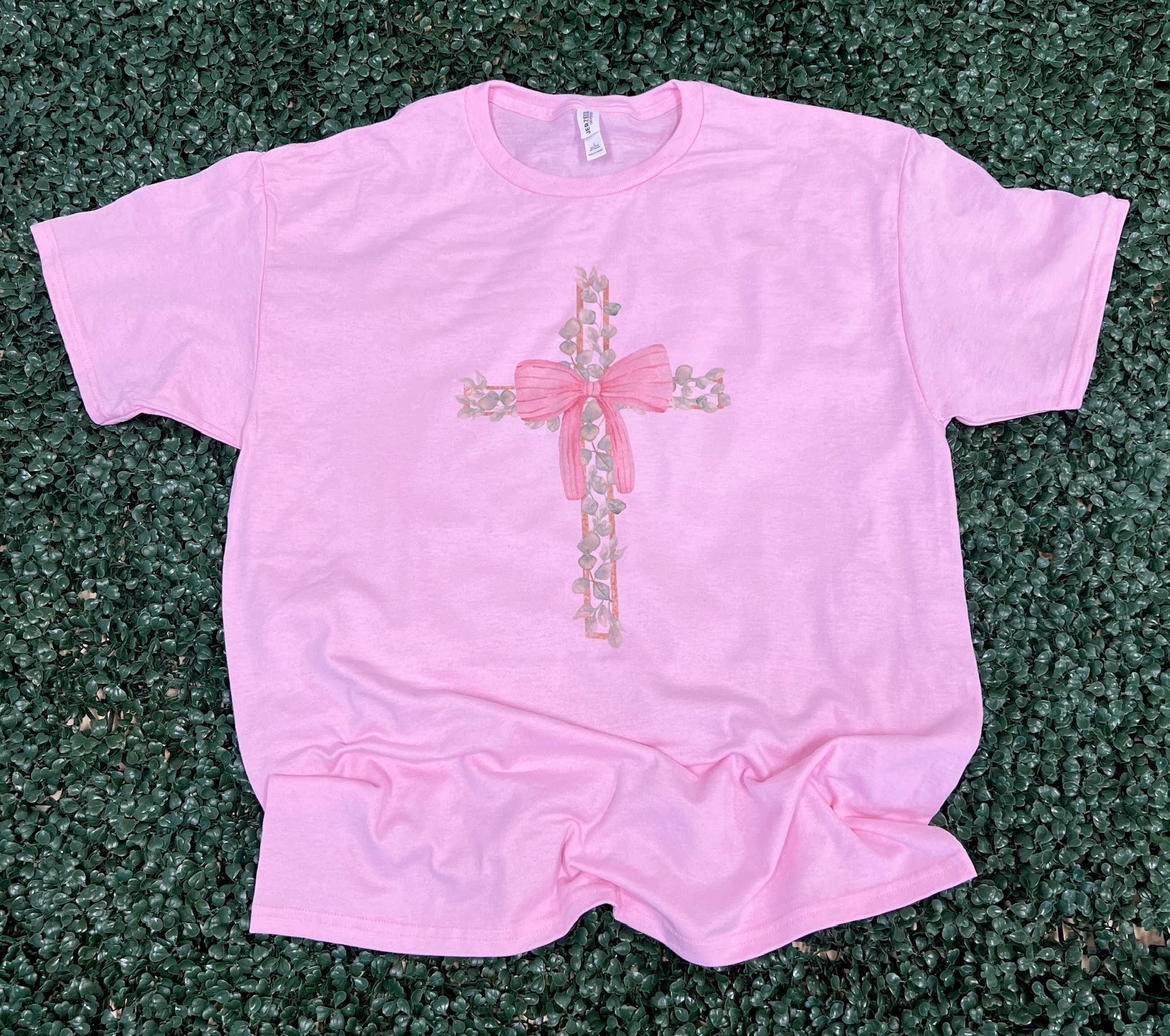 Cross with Leaves and Pink Bow On Pink Tee