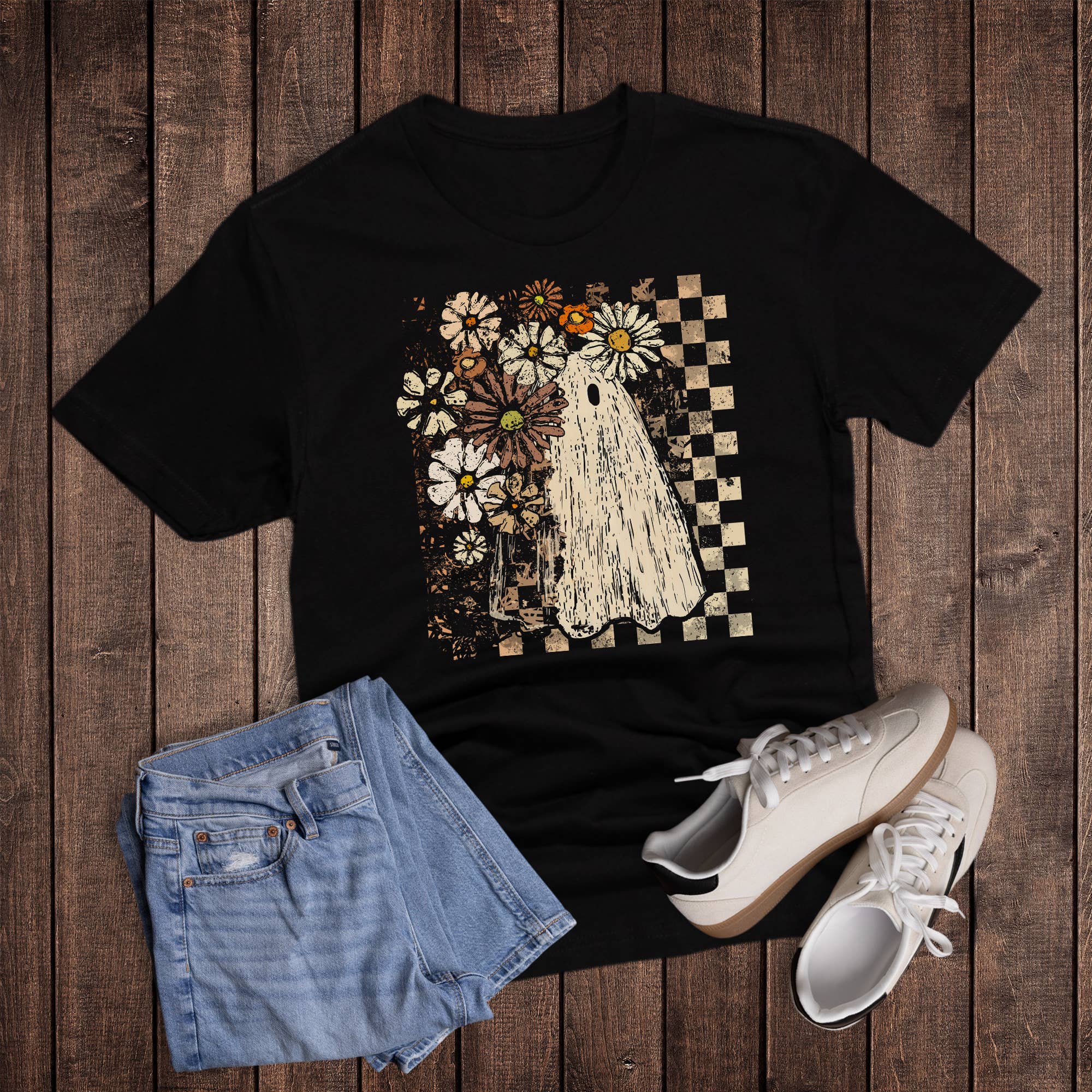 Halloween Boho Checkered Ghost Graphic Tee