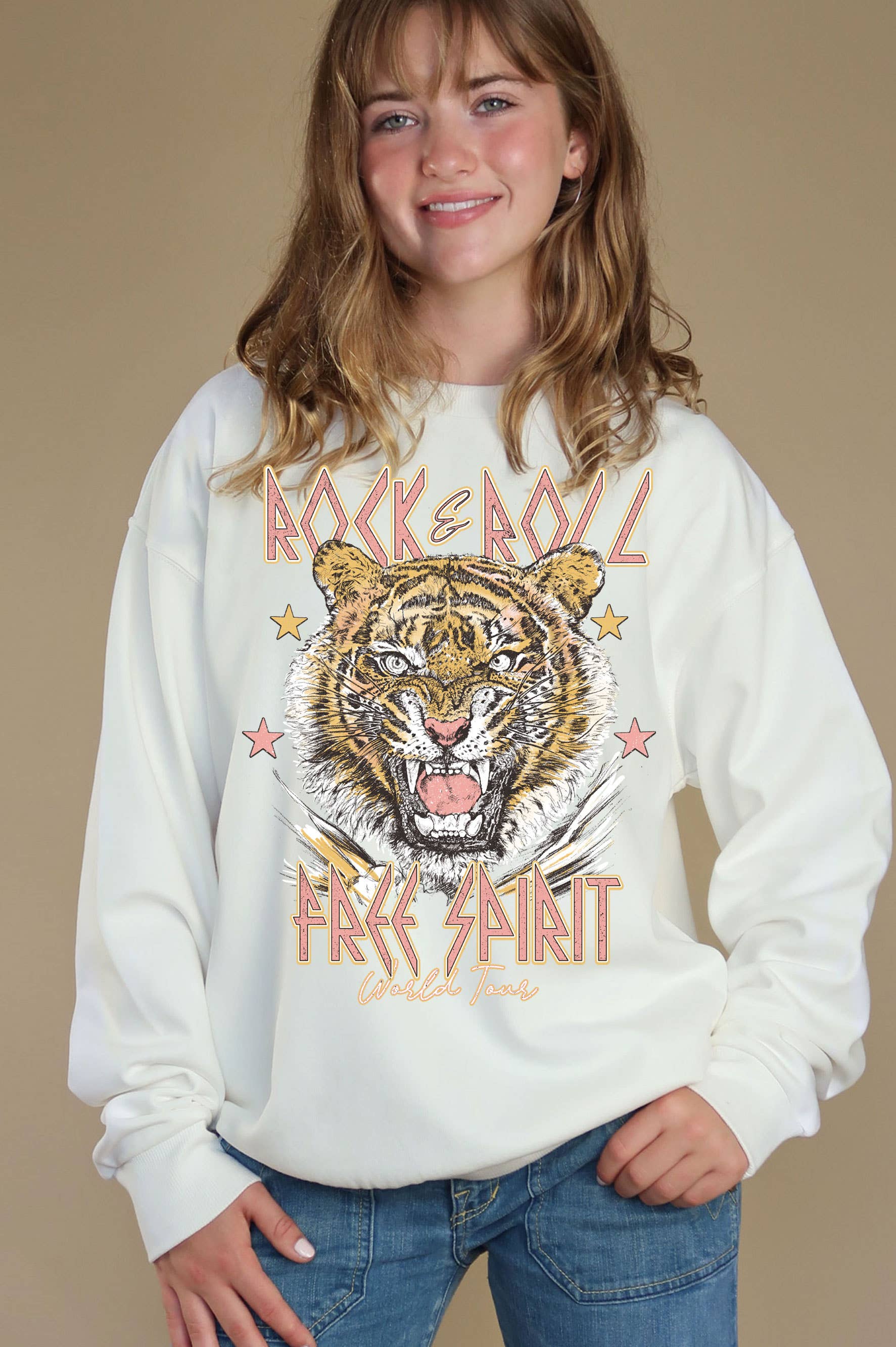 Rock and Roll Tiger Hand Drawn Graphic Brushed Sweatshirts