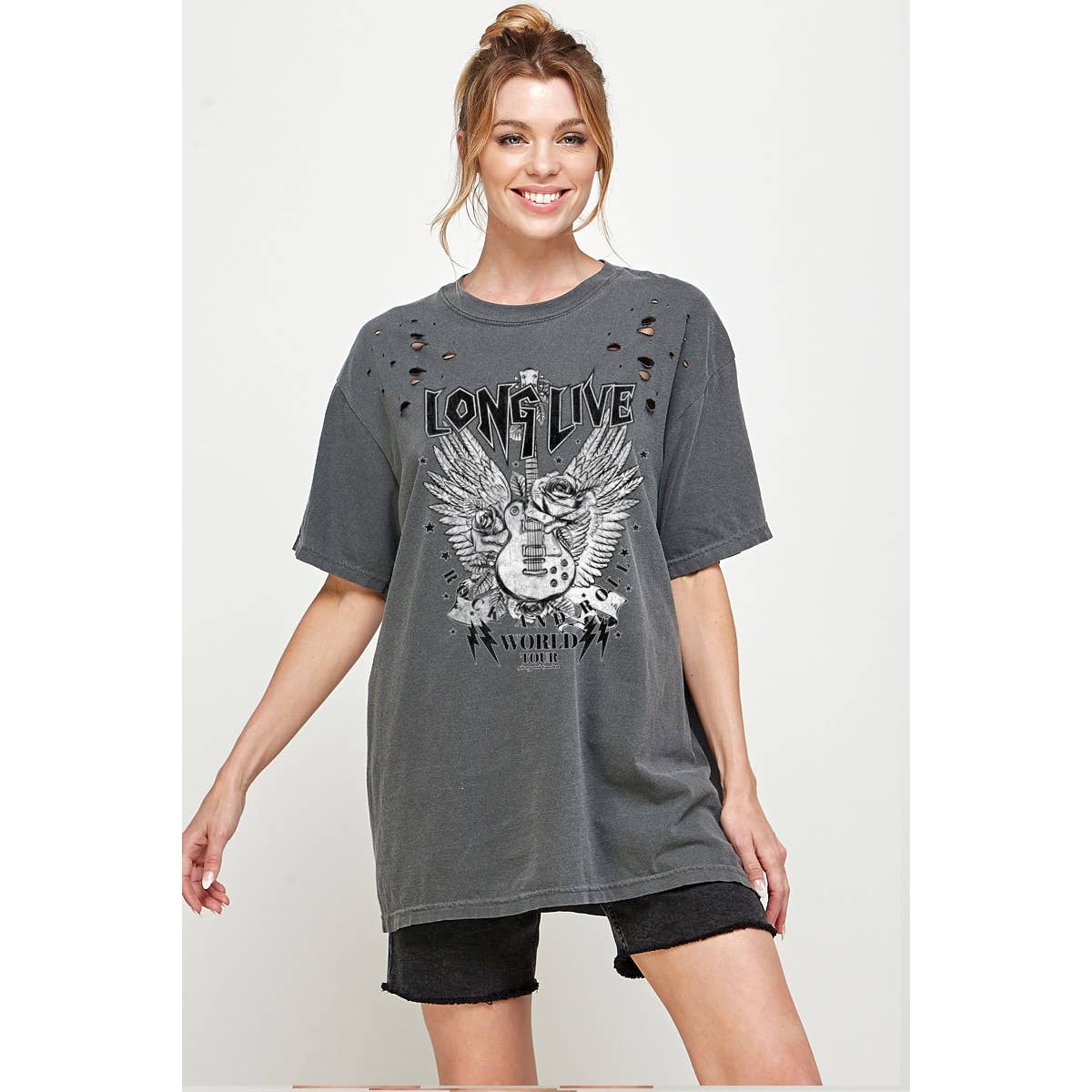Long Live Rock and Roll Vintage  Laser Cut Oversized Tee