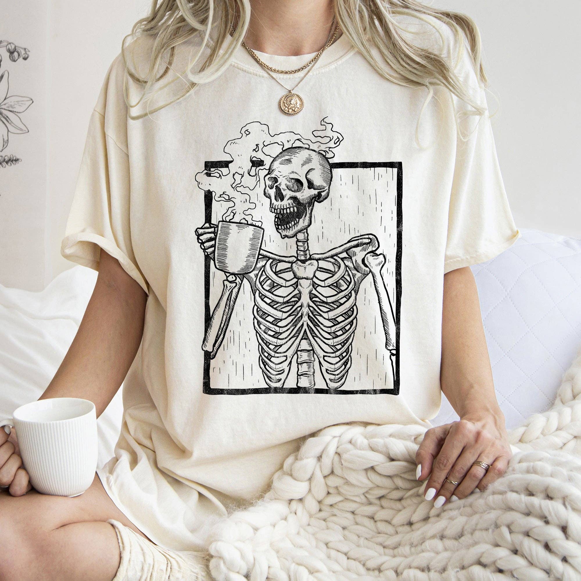 Skeleton and Coffee Retro Halloween T-Shirt Black Print
