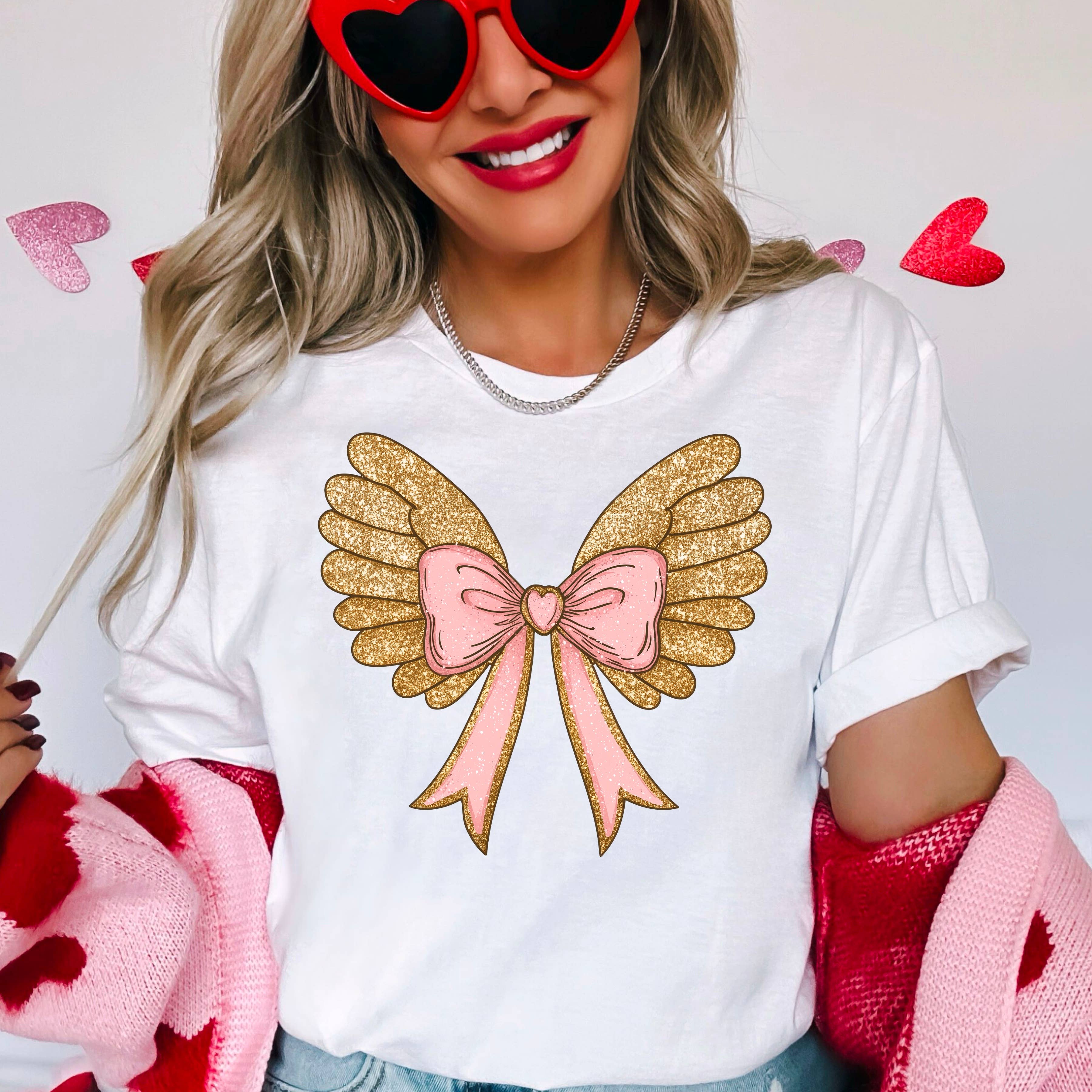 Coquette Angel Wings Faux Glitter Graphic Tee | Gildan
