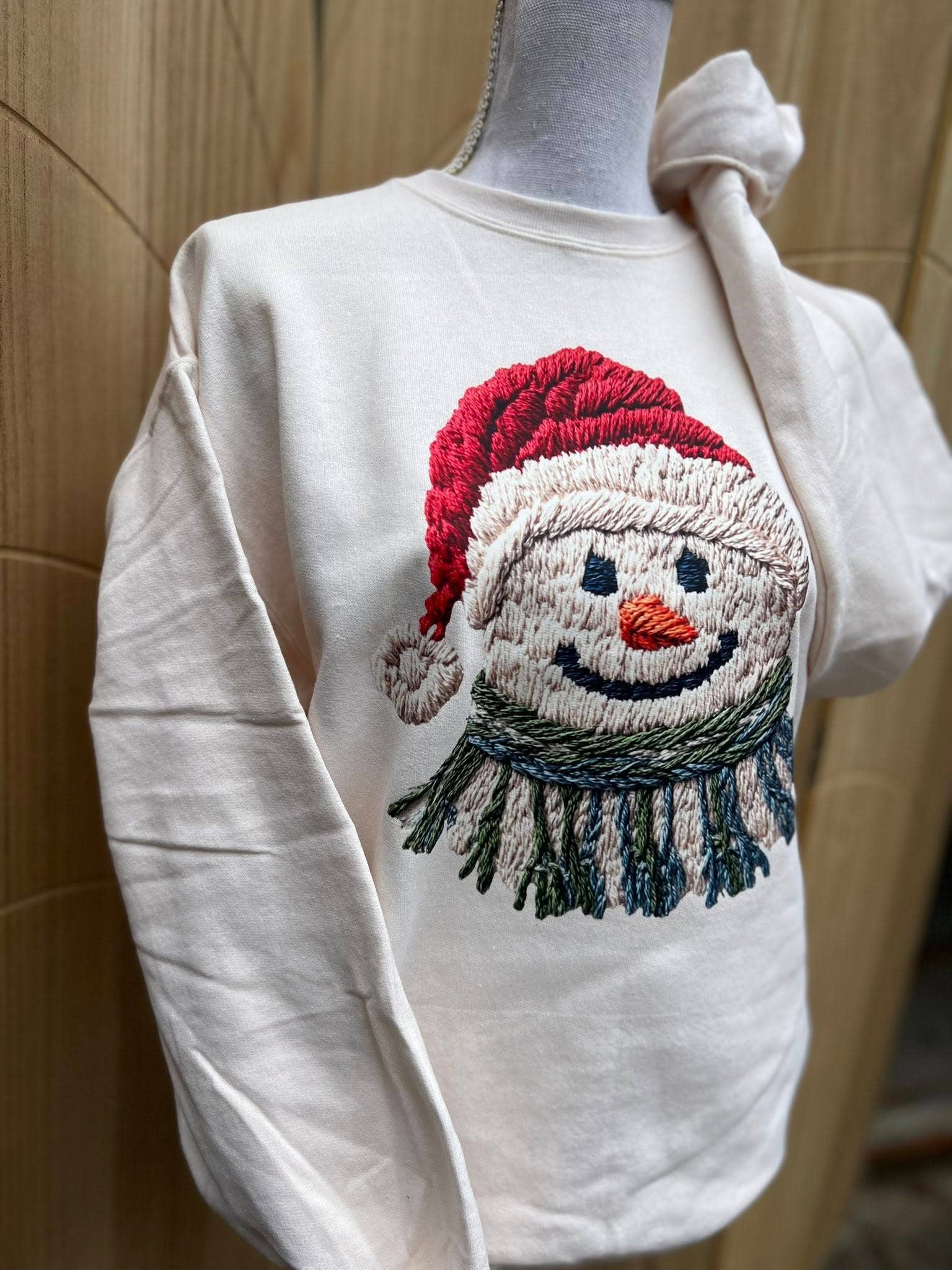 Faux Yarn Snowman Scene On Cream Sweatshirt