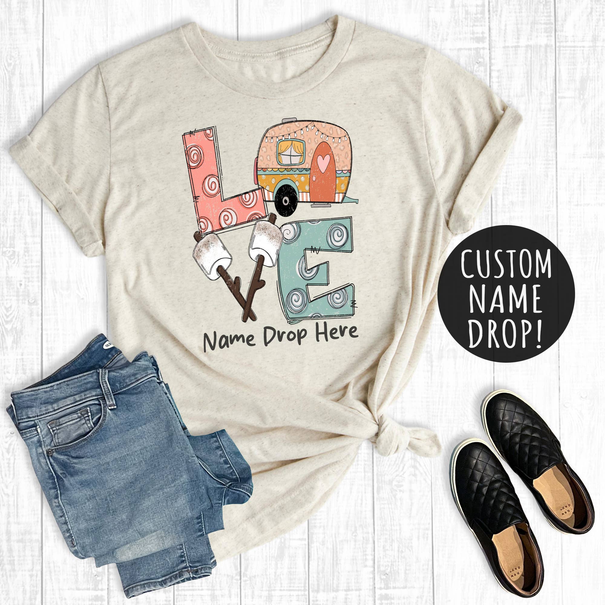 Custom Name Drop Summer Vacation Love Camping Graphic Tee