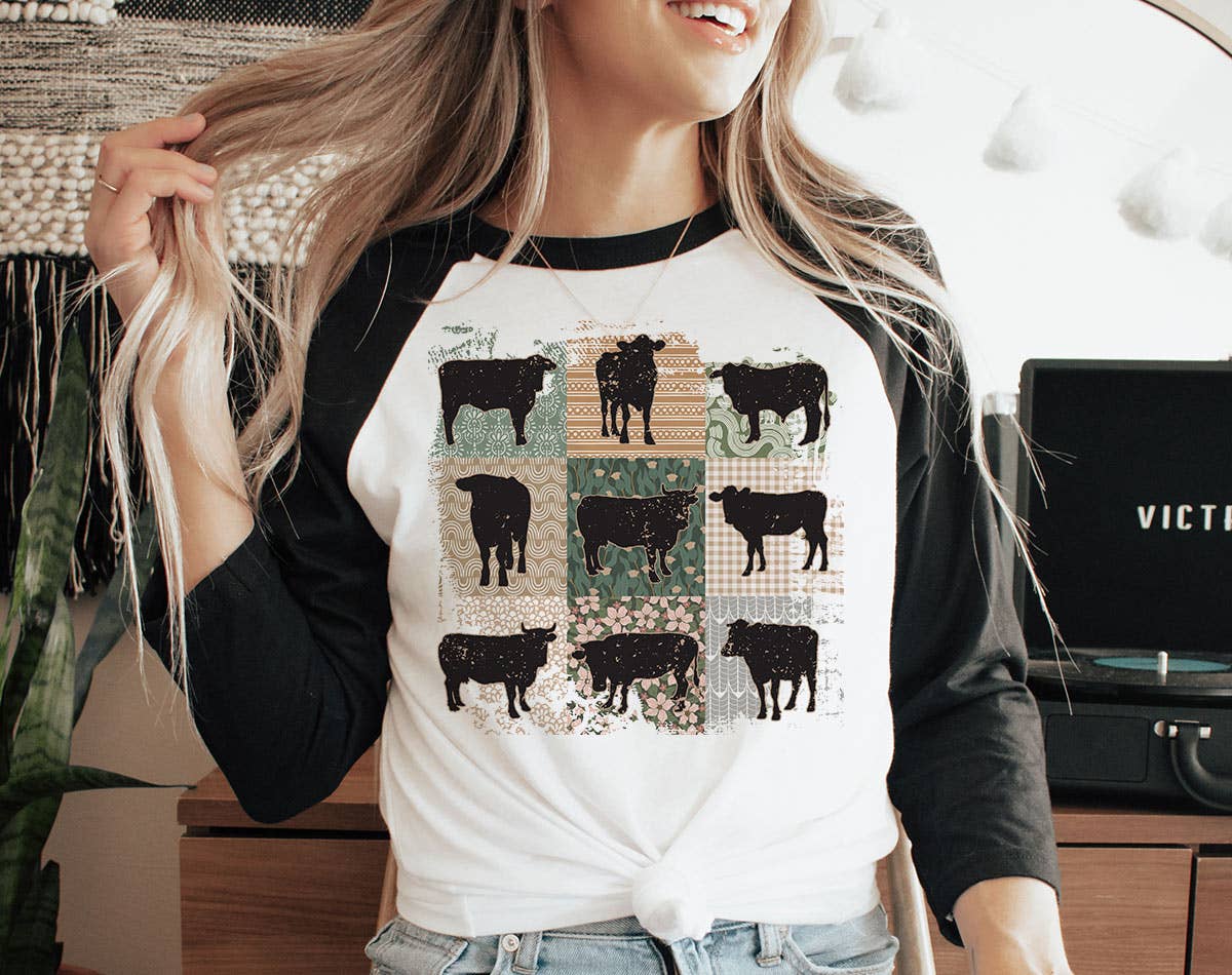 Cow Quilt Art - Boho Western Baseball T-Shirt