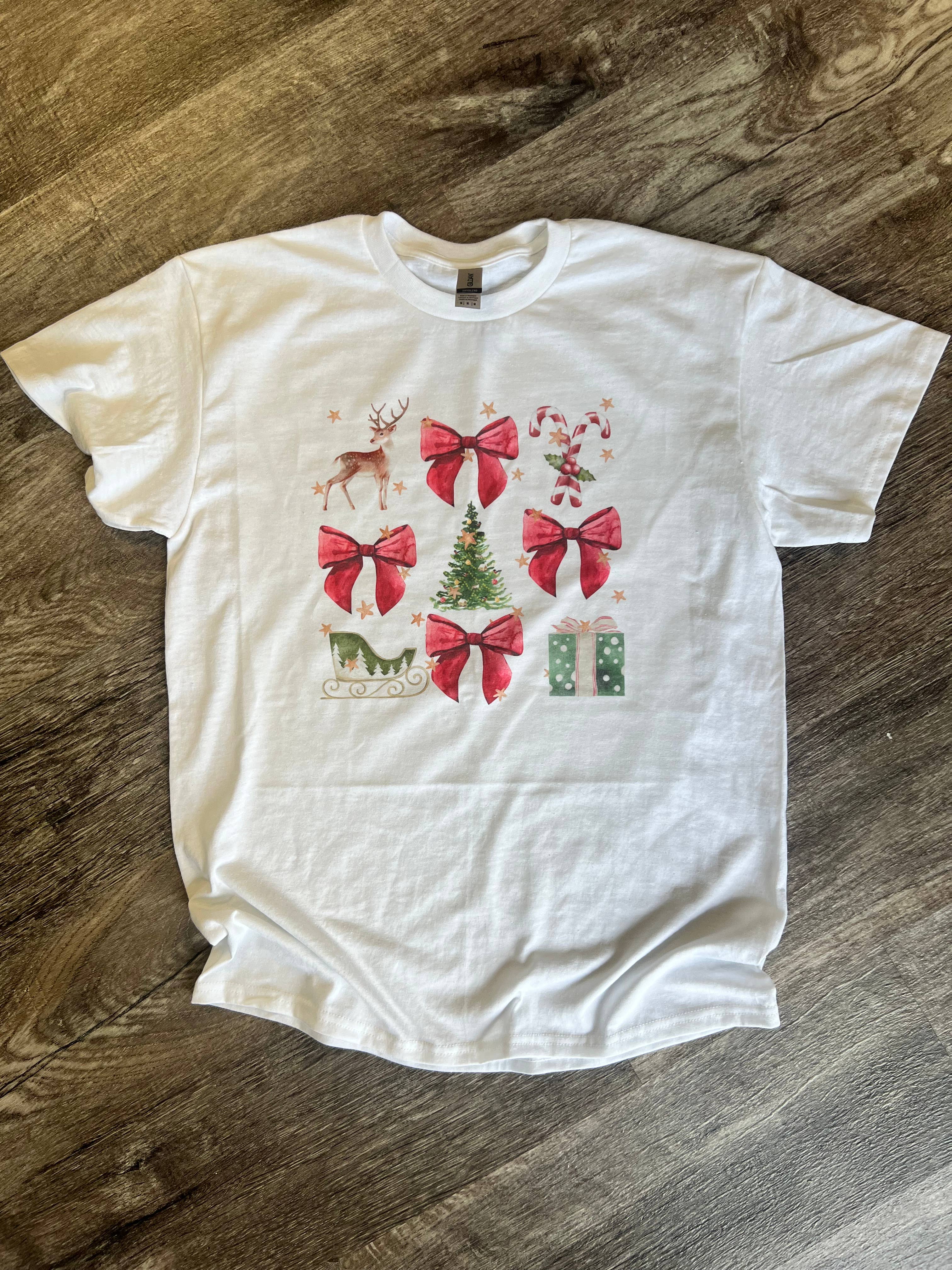 Christmas Red Bows On White Tee
