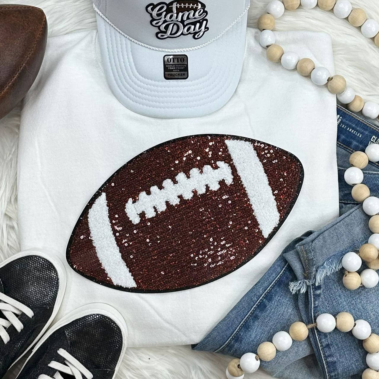 Sequin Football Chenille Patch Crewneck Sweatshirt