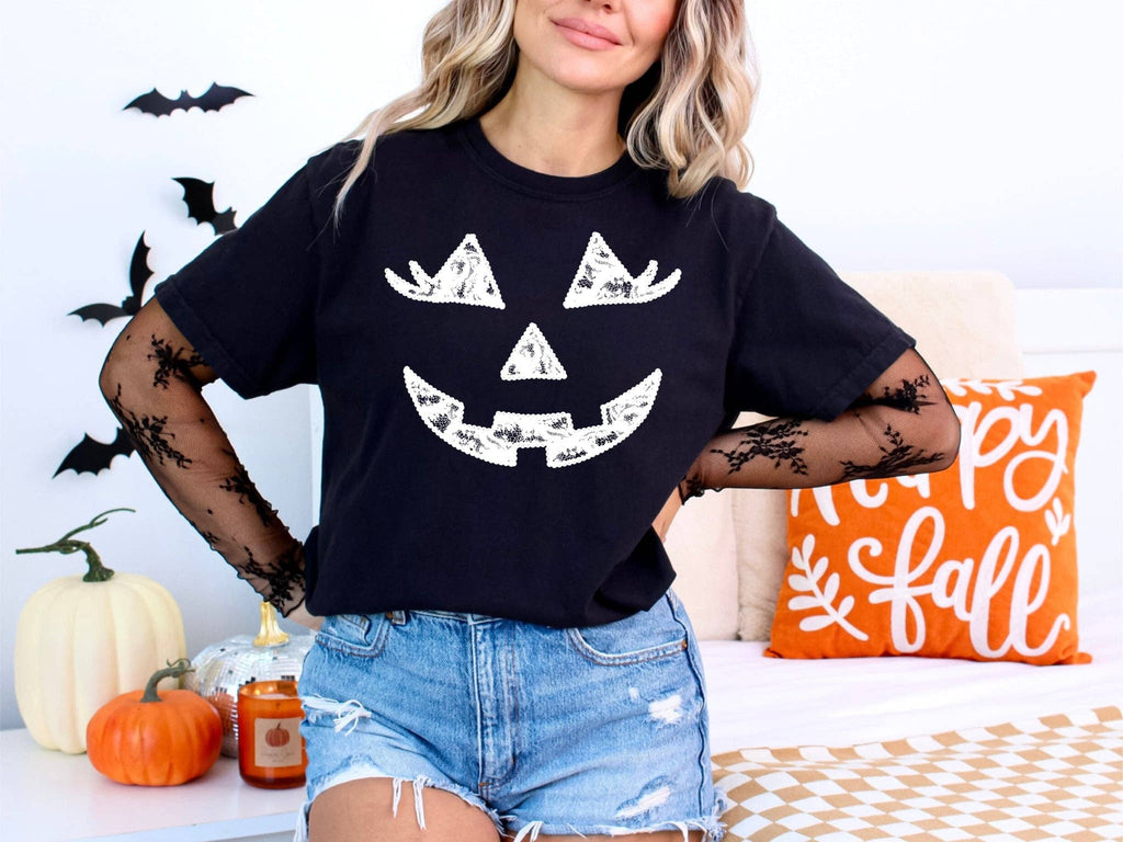 White Lace Pumpkin Face Seasonal Halloween Graphic Tee