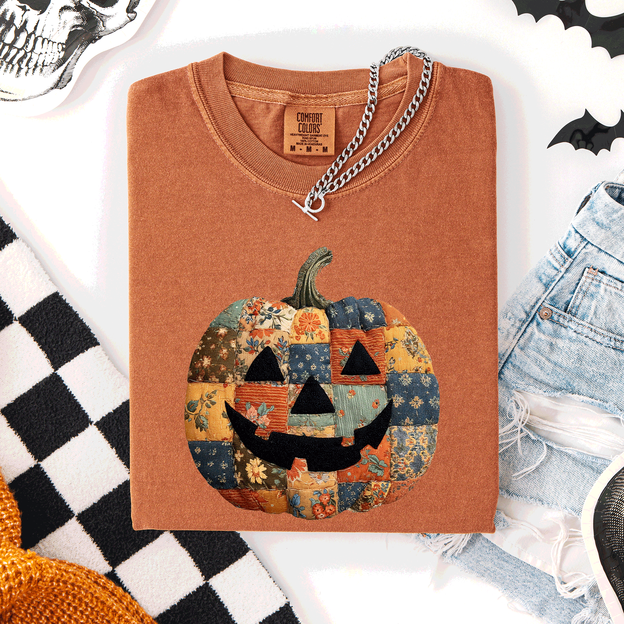 Jack O Lantern, Faux Quilt Pumpkin, Halloween, Fall T-Shirt
