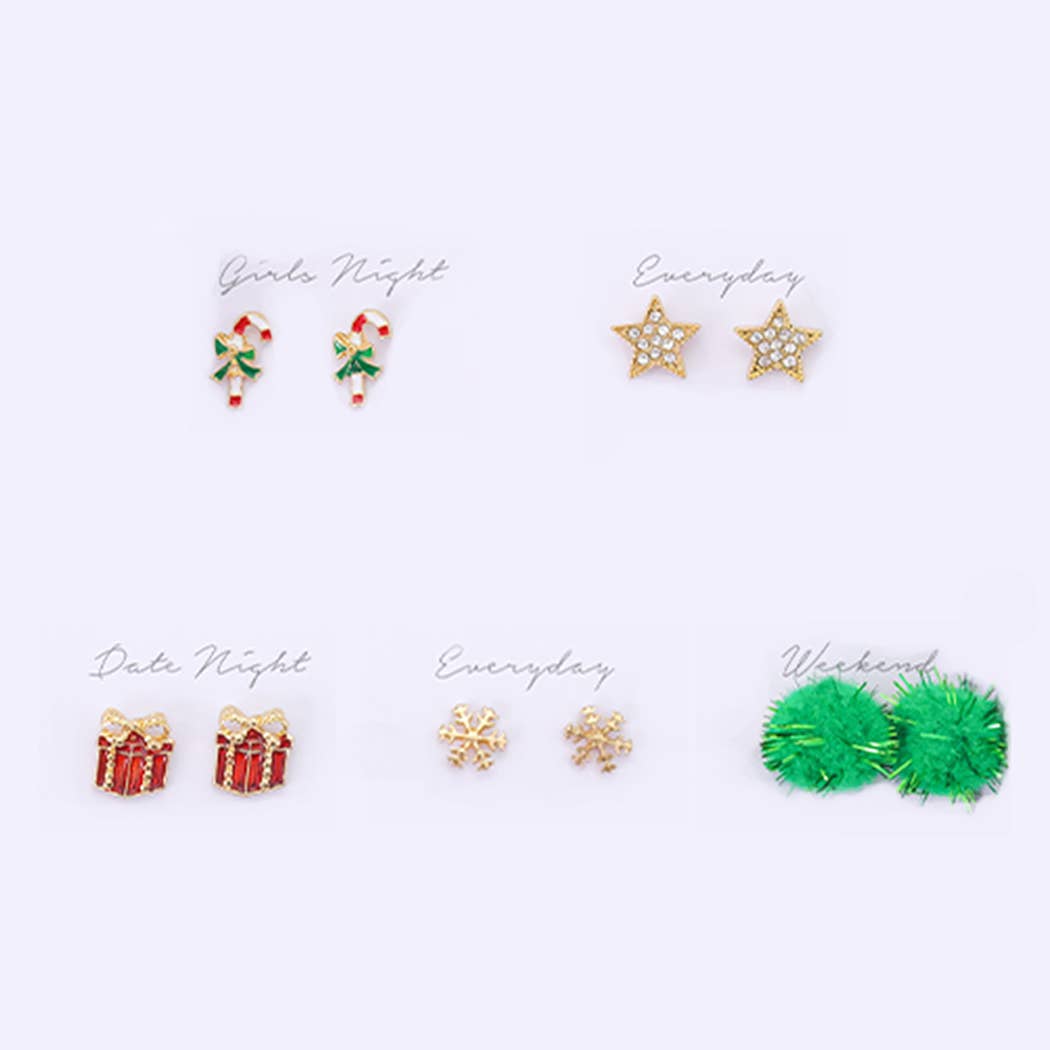 5 Pairs Holiday Christmas Stud Earrings Gift Box