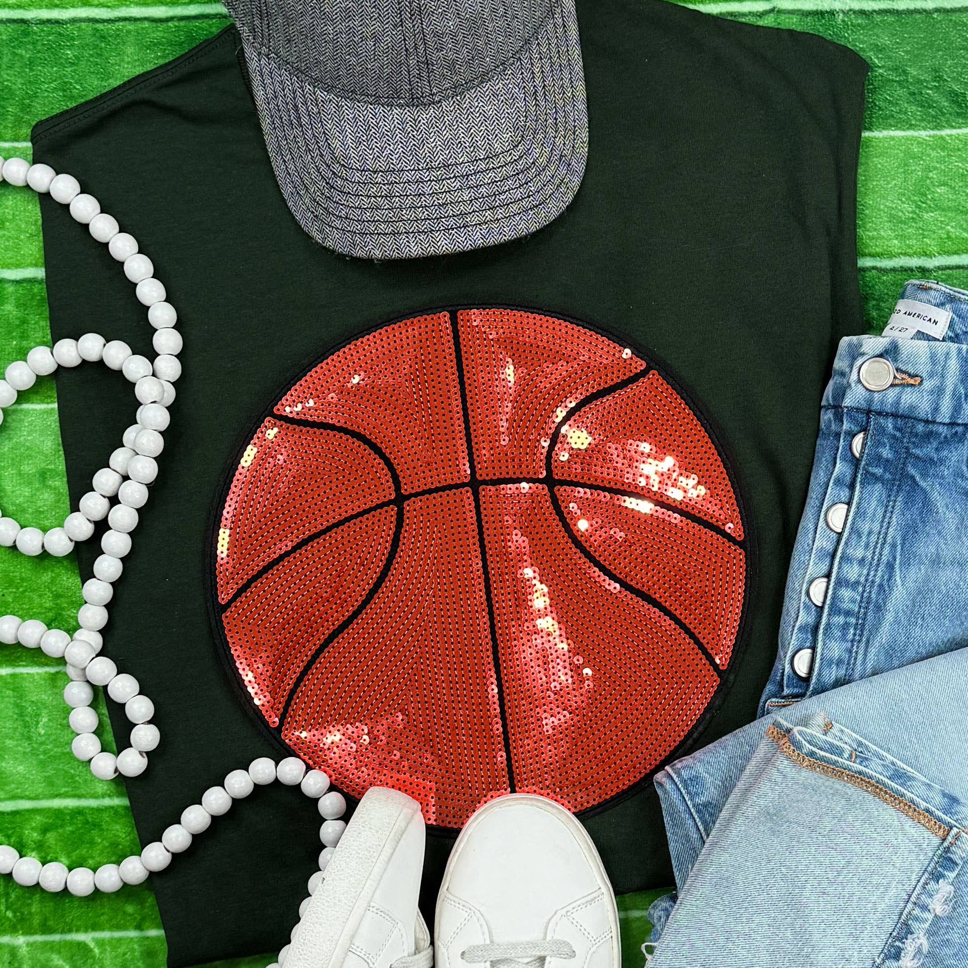 Sequin Basketball Chenille Patch Forest Green Everyday Tee