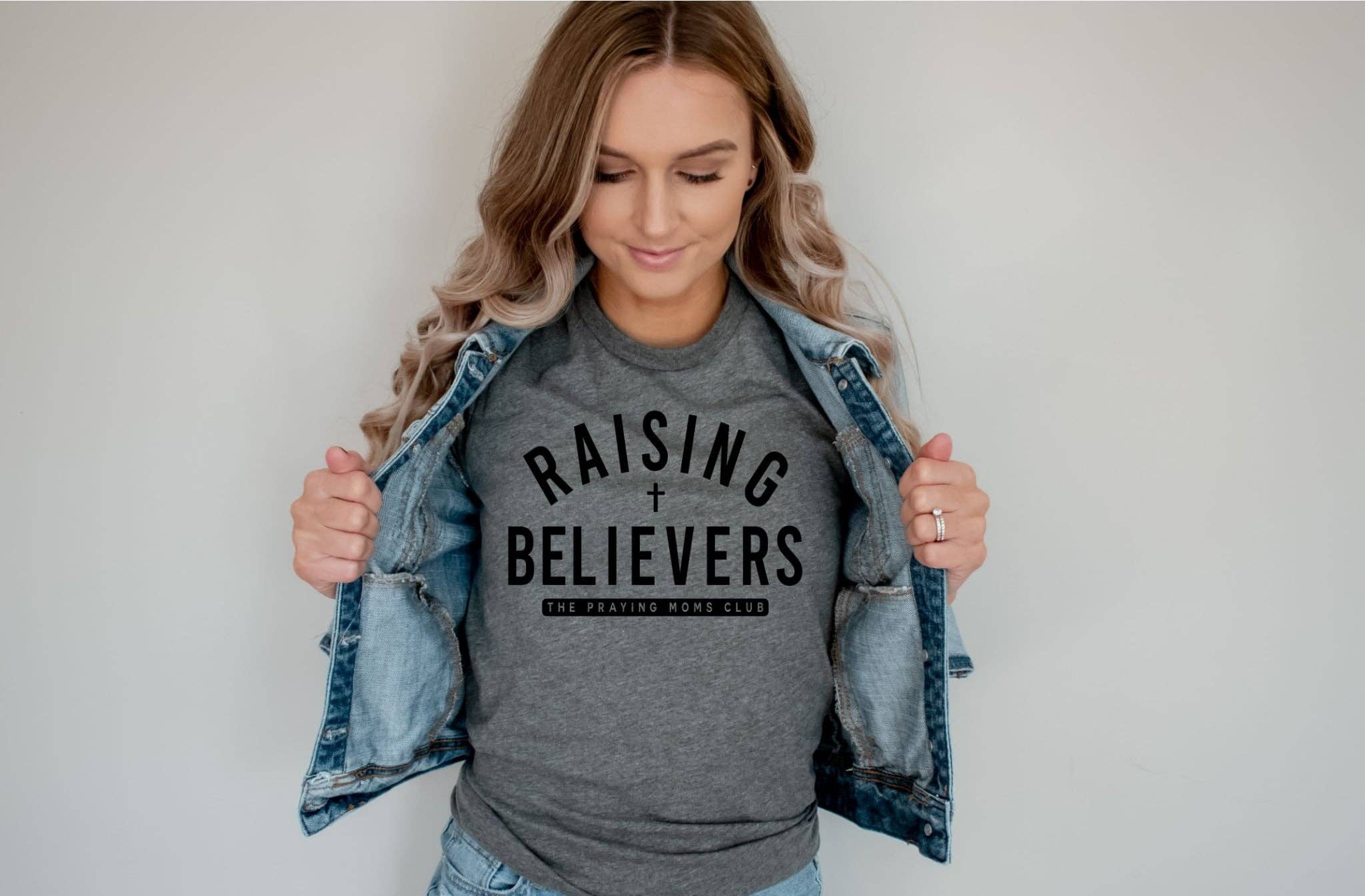 Raising Believers Grey Faith Based Mom Graphic Tee