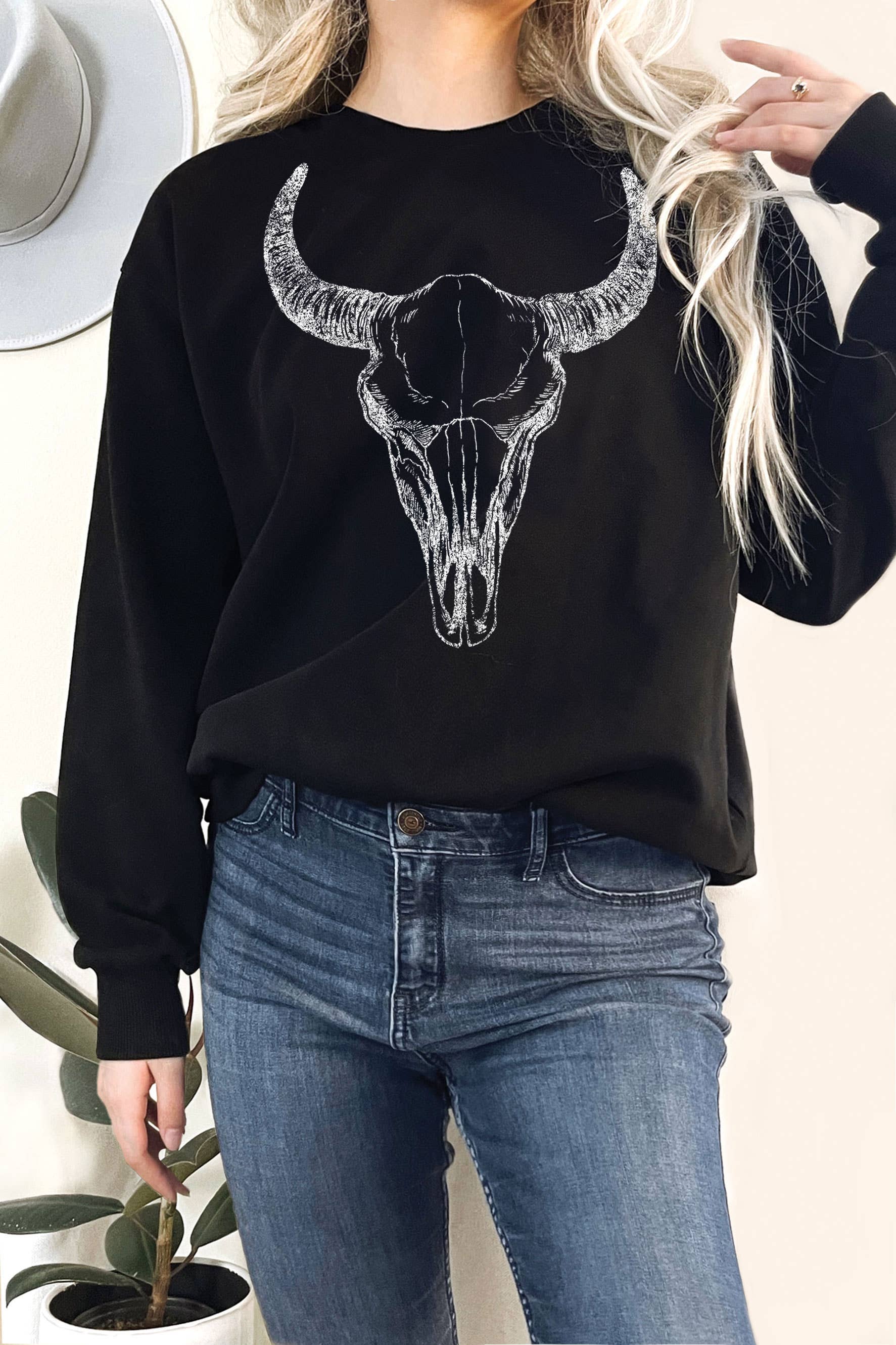 Skull Cow Graphic Terry Sweatshirts