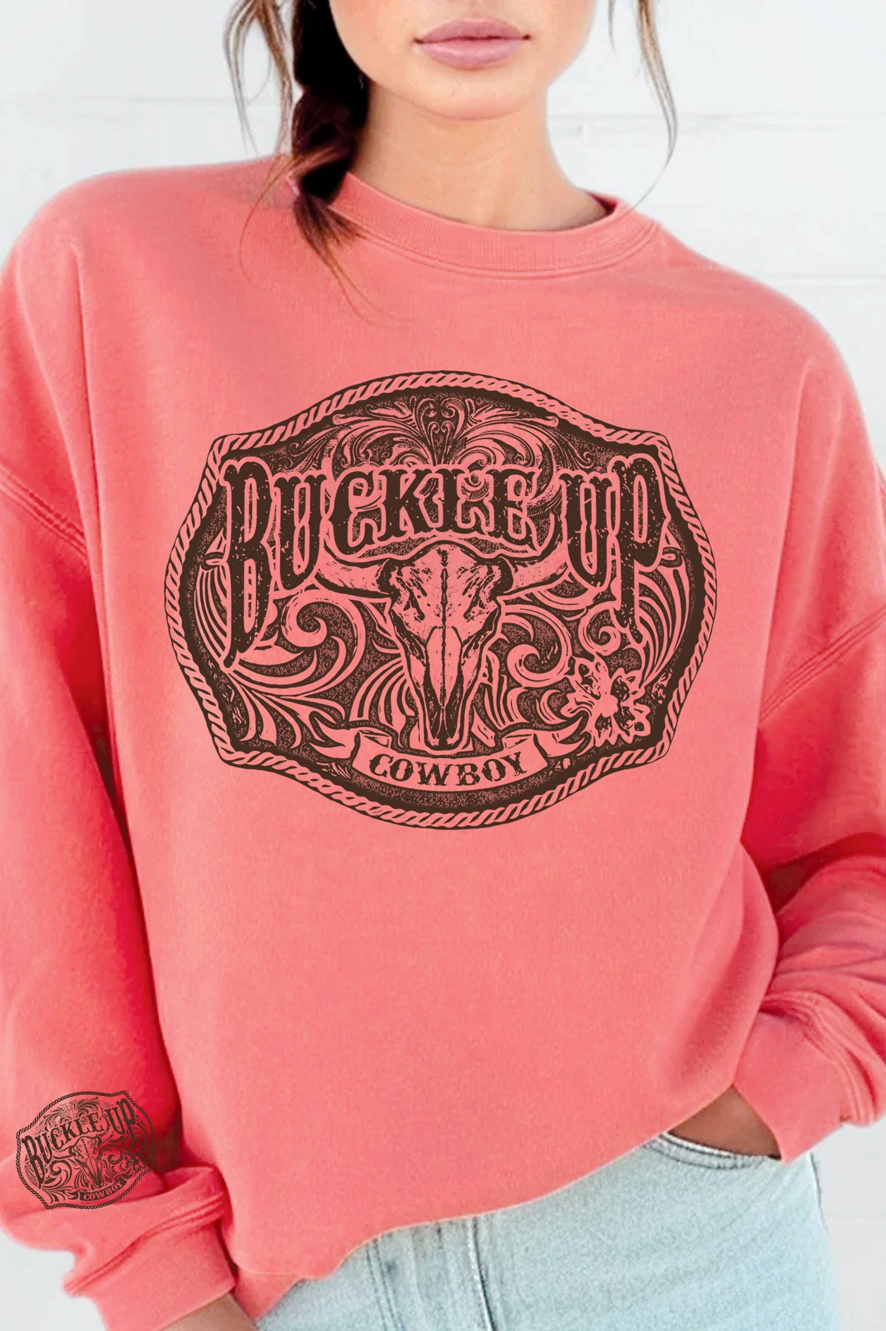 Buckle Up Cowboy Cow Skull Graphic Brushed Sweatshirts