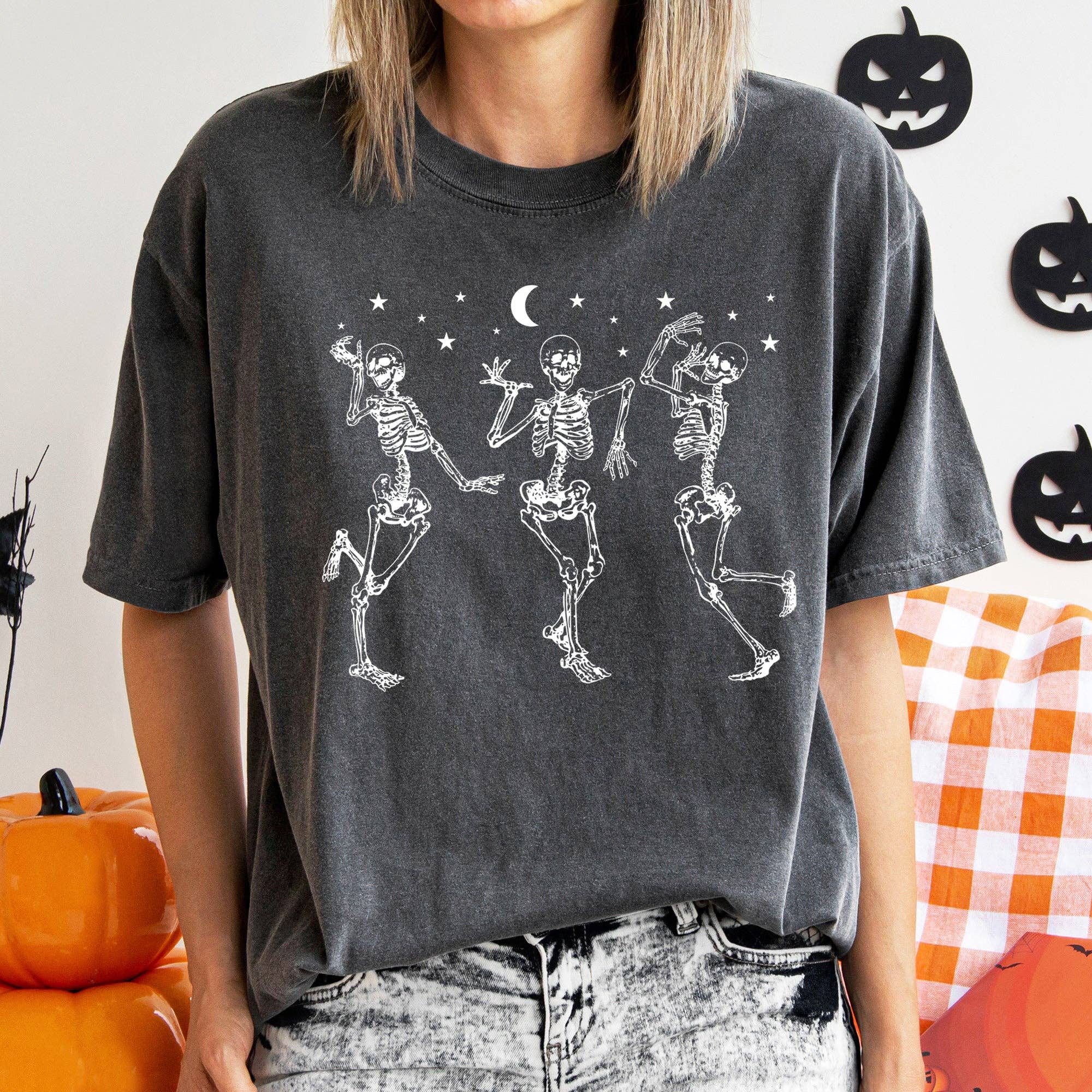 Dancing Skeletons At Night Halloween T-Shirt White Print