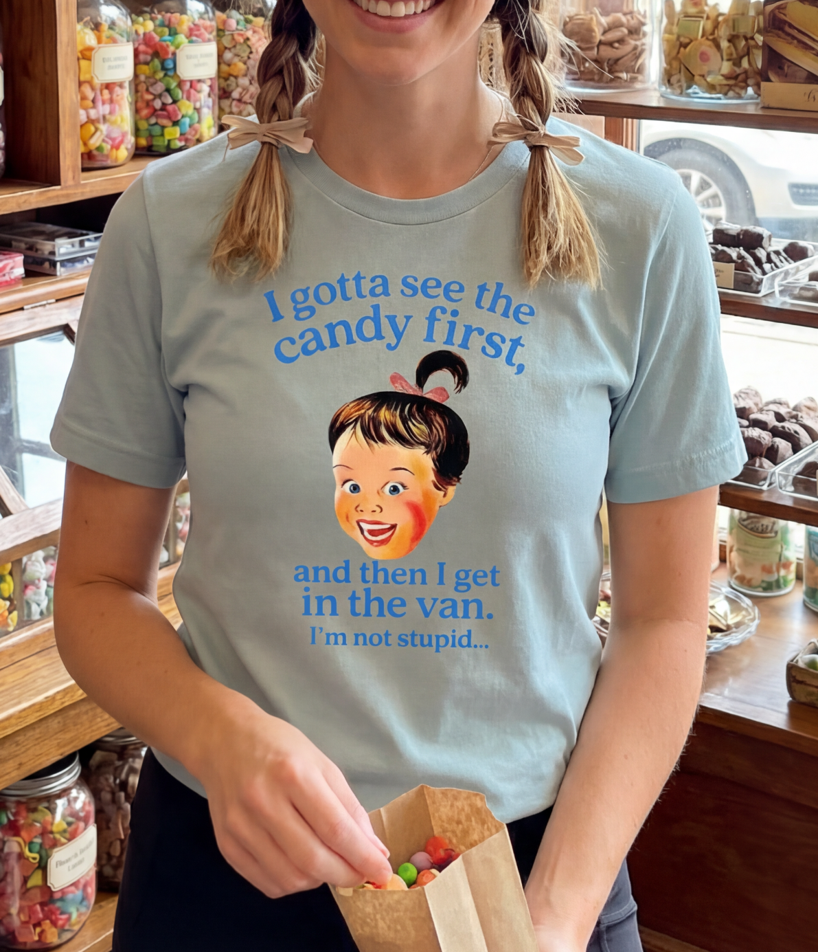 I Gotta See the Candy First Retro T-Shirt Multi Color Print