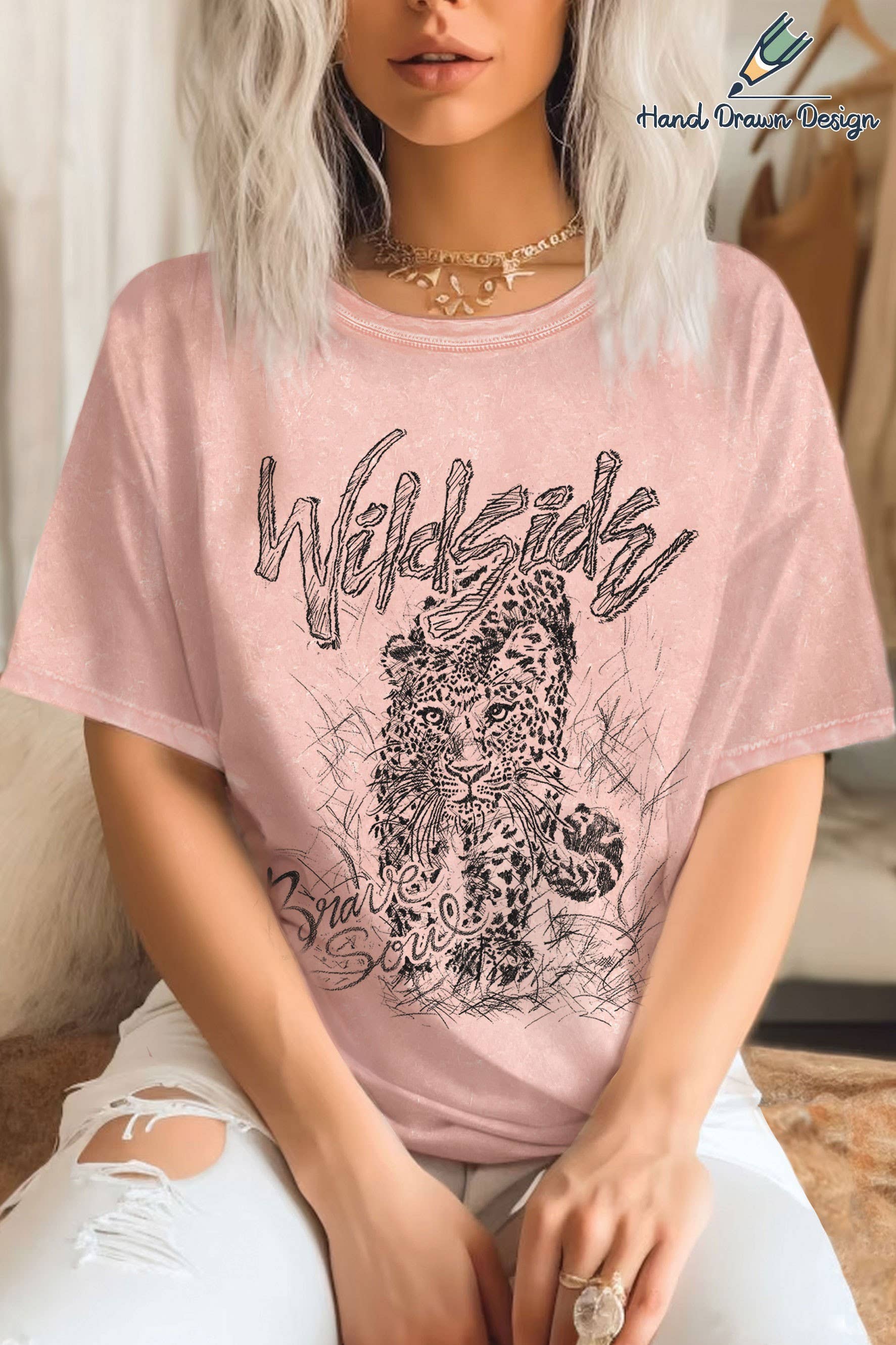 Wild Side Brave Soul Leopard Hand Drawn Graphic Mineral Tee