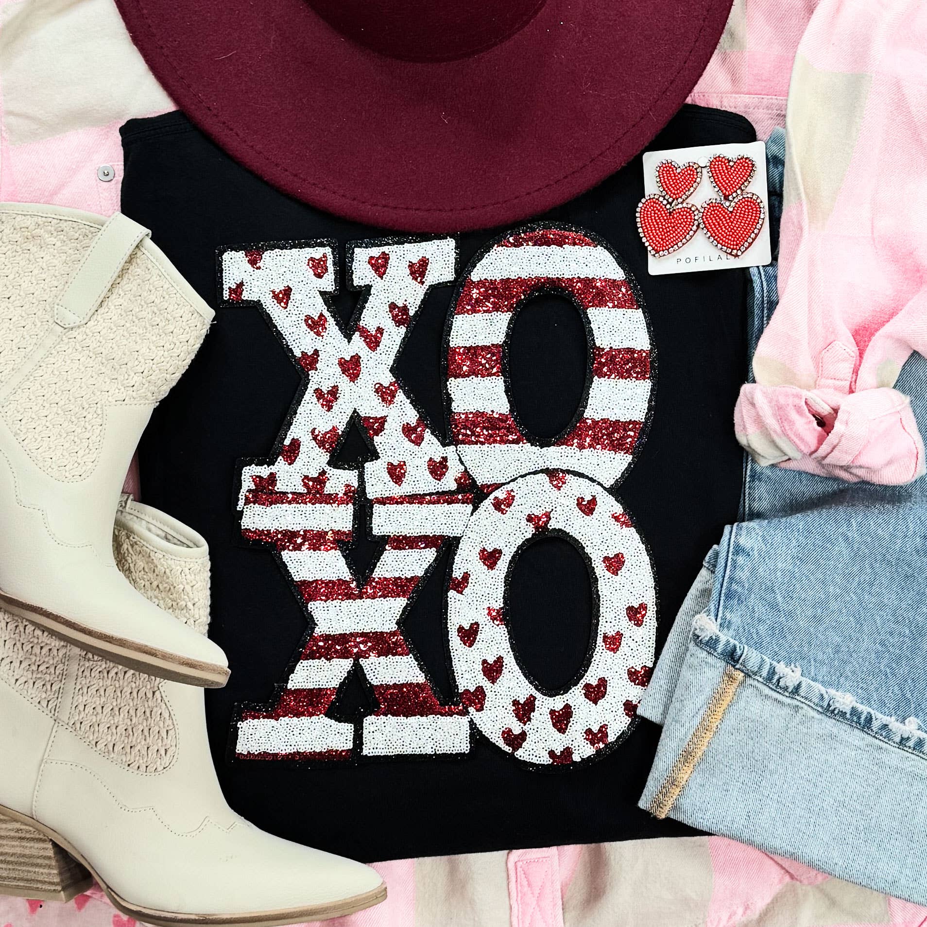White Sequin Xoxo Patch Black Tee