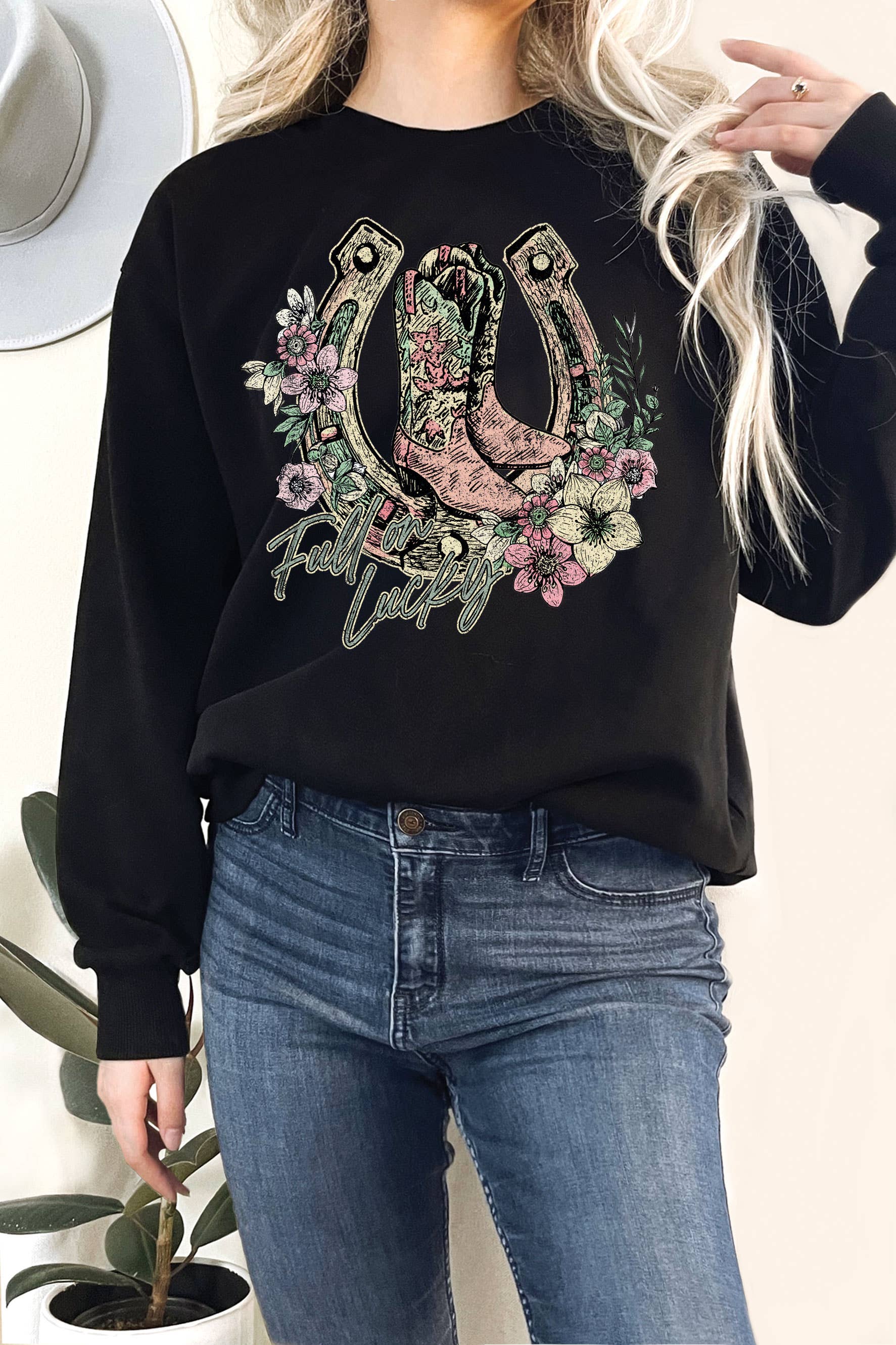 Full On Lucky Flower Horseshoe & Boots Terry Sweatshirts
