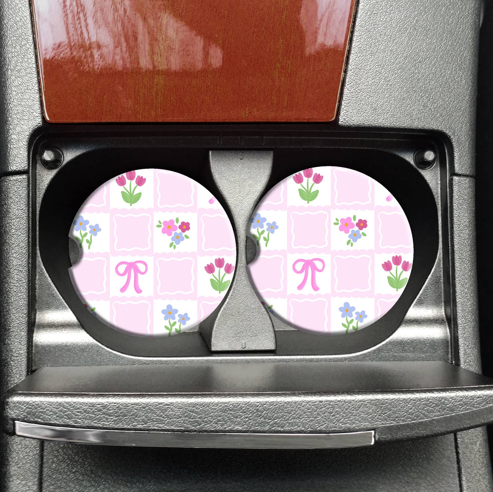 Coquette Spring Squares Car Coasters, Girly Car Coaster, Bow