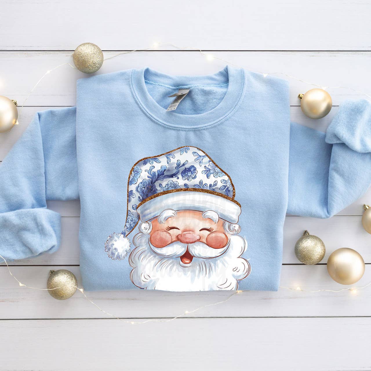 Blue Floral Santa Faux Glitter Sweatshirt