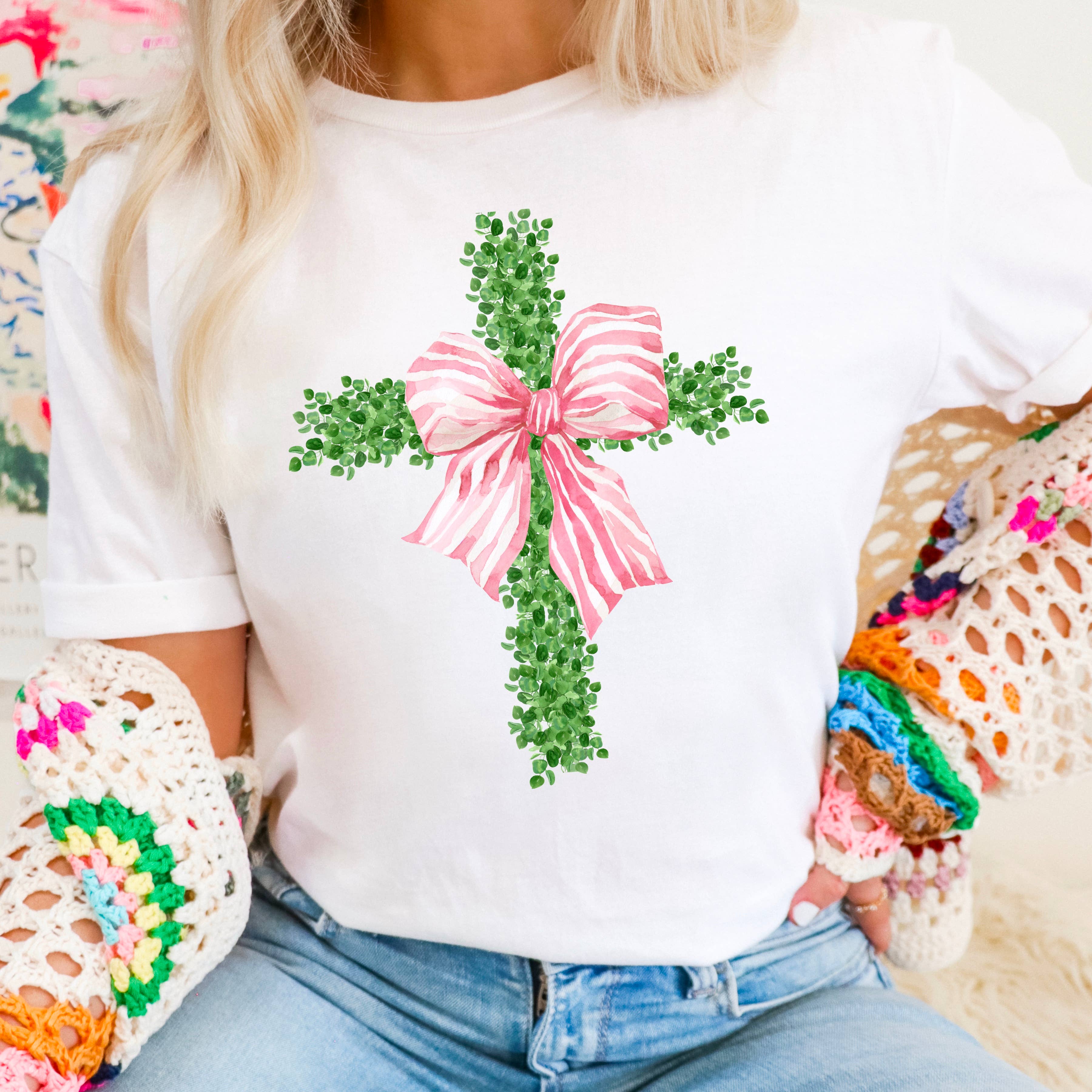 Pink Coquette Bow Cross  | Easter Graphic Tee | Gildan