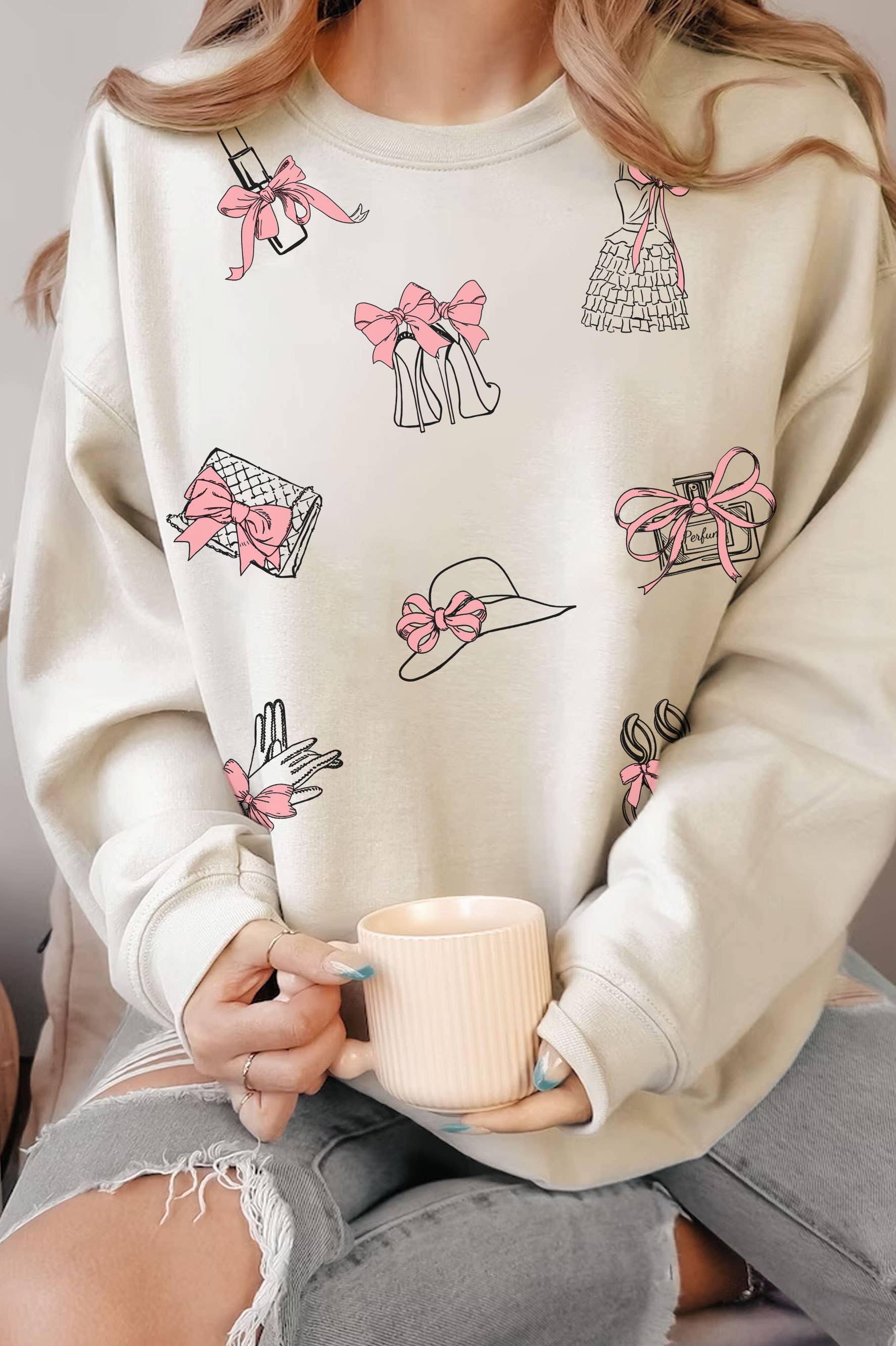 Fashion Ribbon All Over Graphic Brushed Sweatshirts