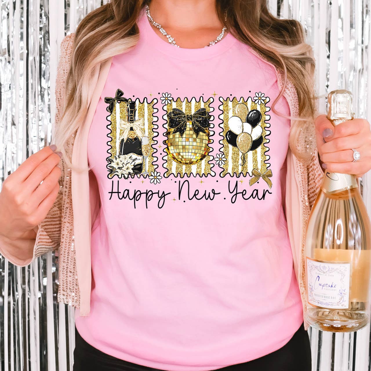 Faux Gold Glitter Happy New Year Coquette Tee