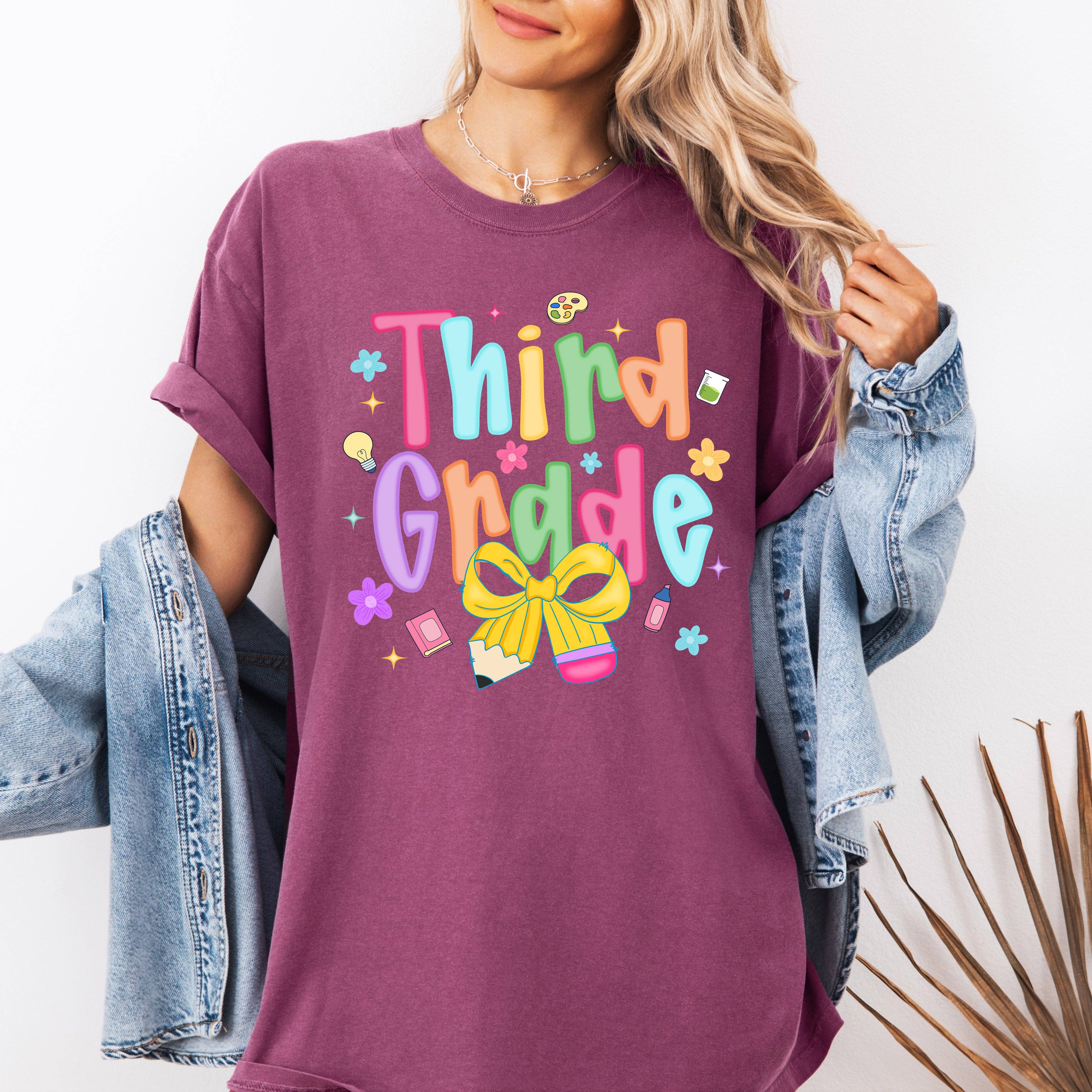 Third Grade, Teacher, Back To School, Neon, Bow T-Shirt