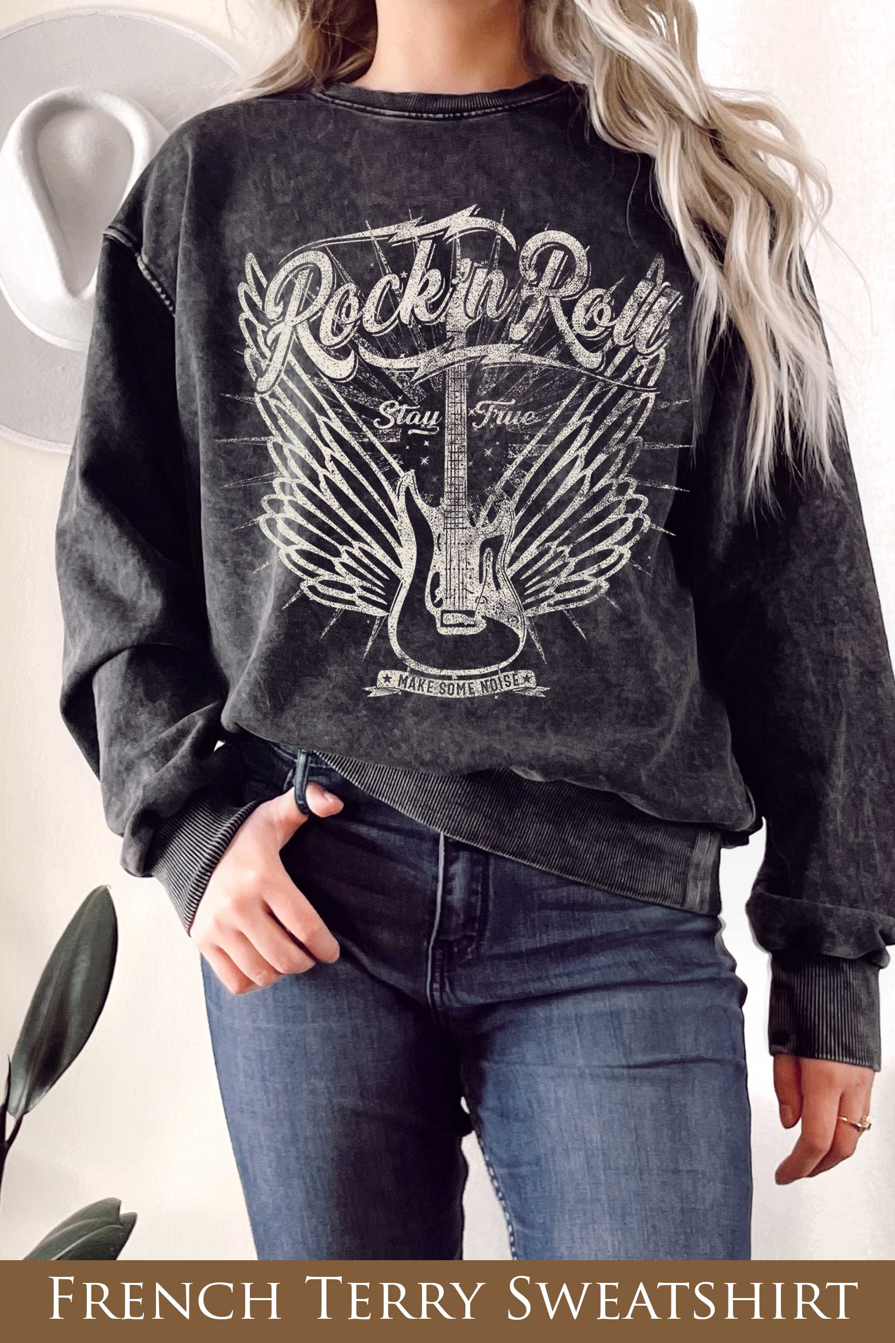 Rock and Roll Wings Guitar Mineral Terry Sweatshirts
