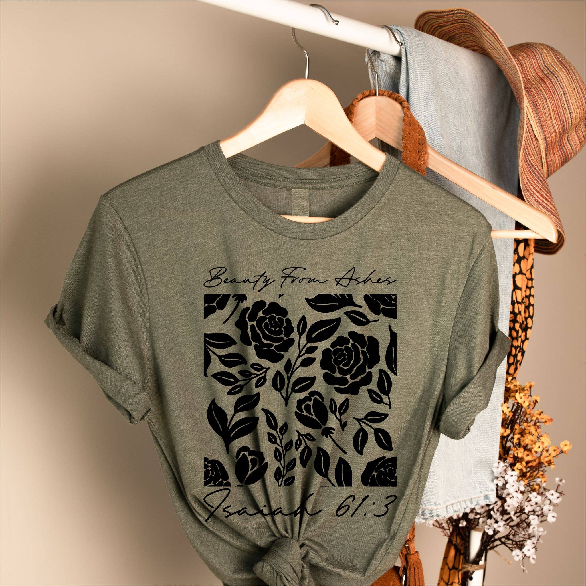 Beauty For Ashes Olive Boho Faith Based Graphic Tee