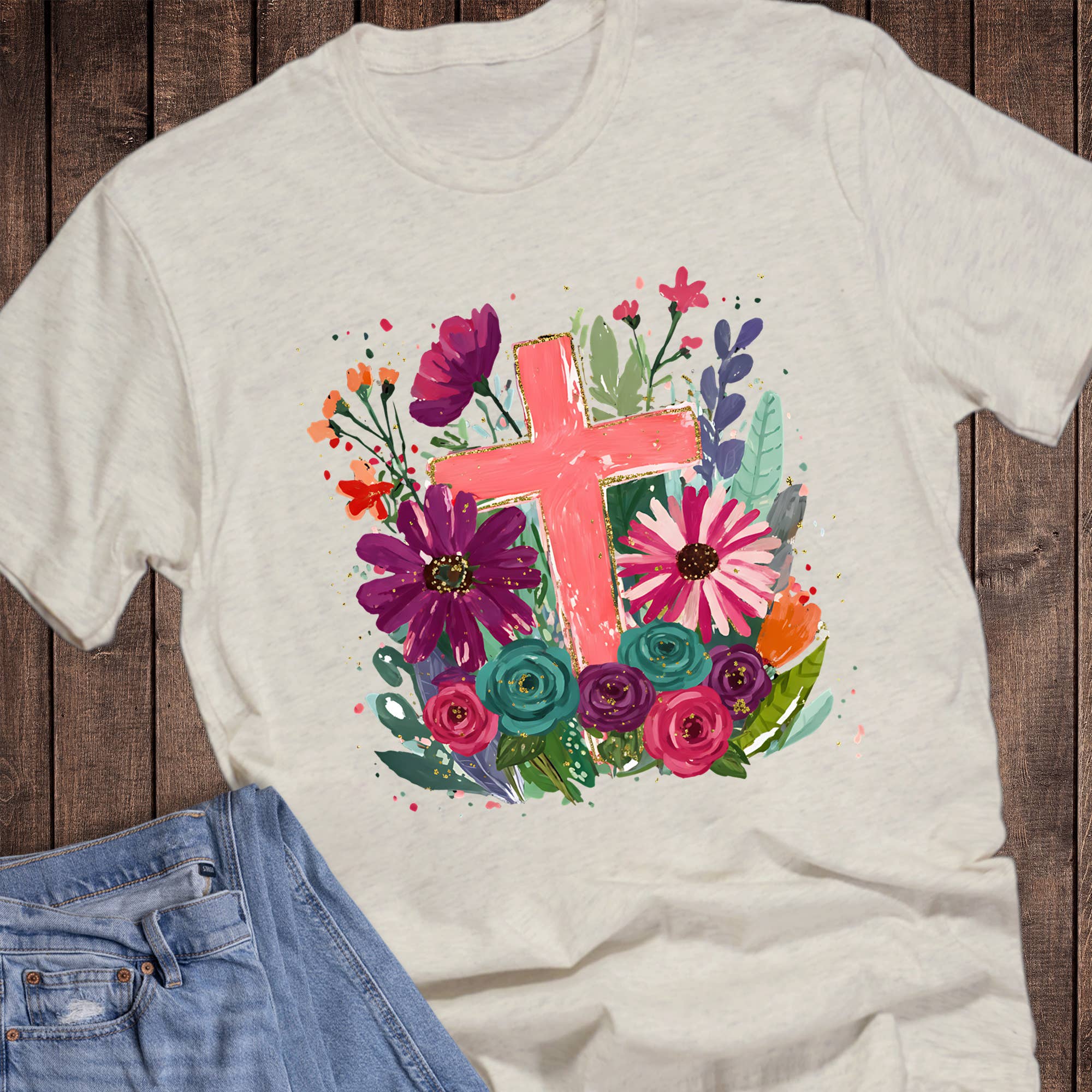 Faith Boho Cross with Various Flowers Graphic Tee