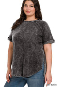 ",,._ SI-25676 Plus Size French Terry Acid Wash Raw Edge Raglan