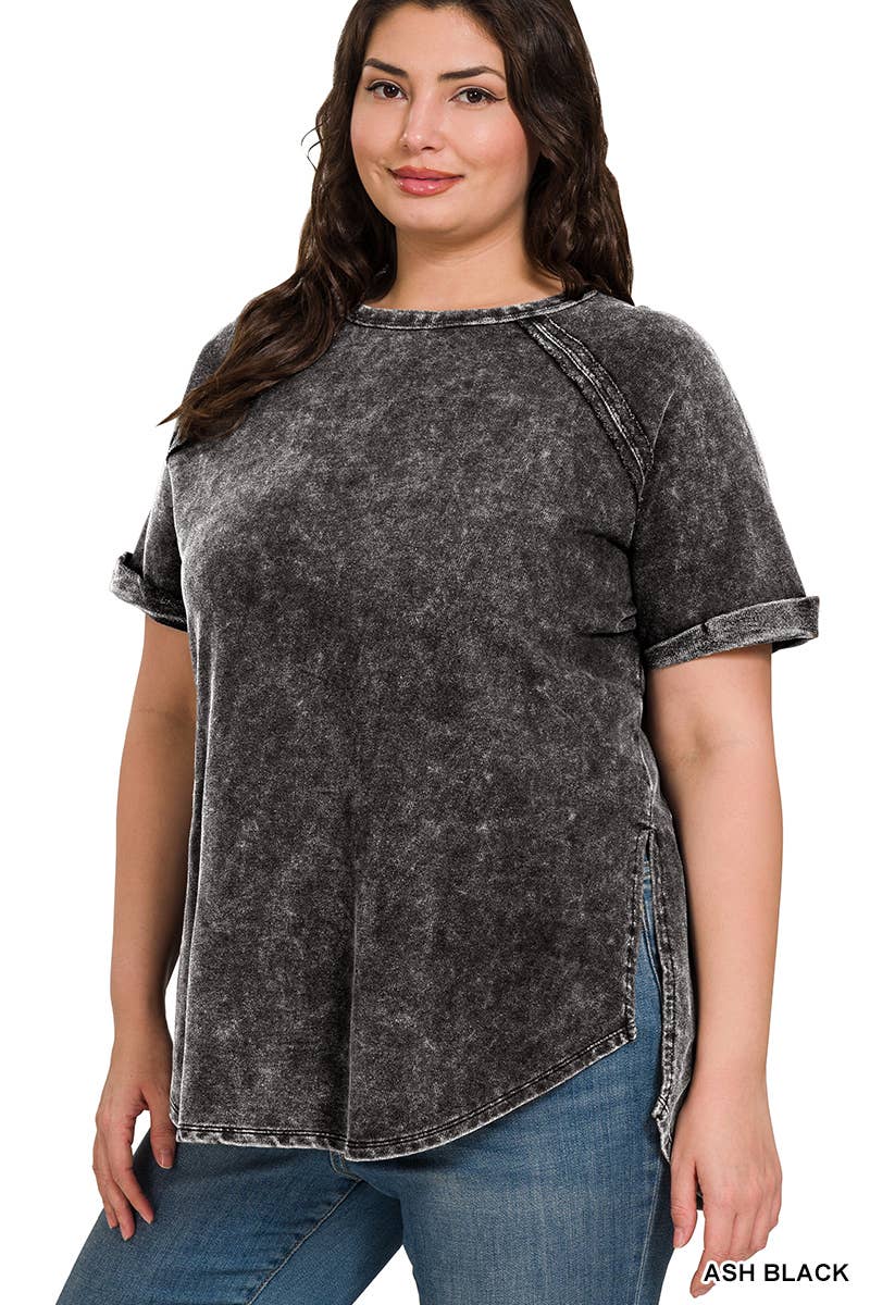 ",,._ SI-25676 Plus Size French Terry Acid Wash Raw Edge Raglan