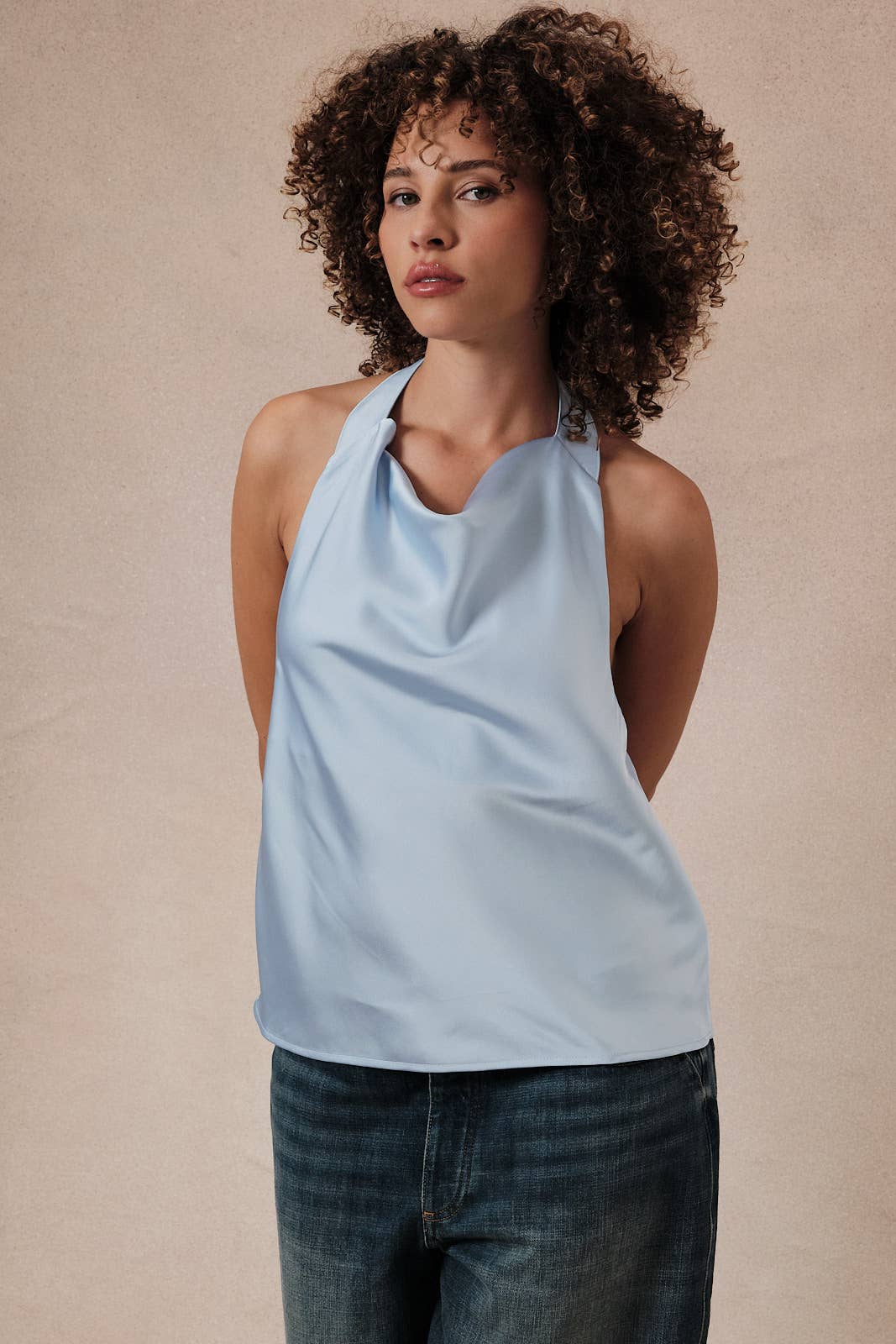 High Cowl Neck Halter Satin Top