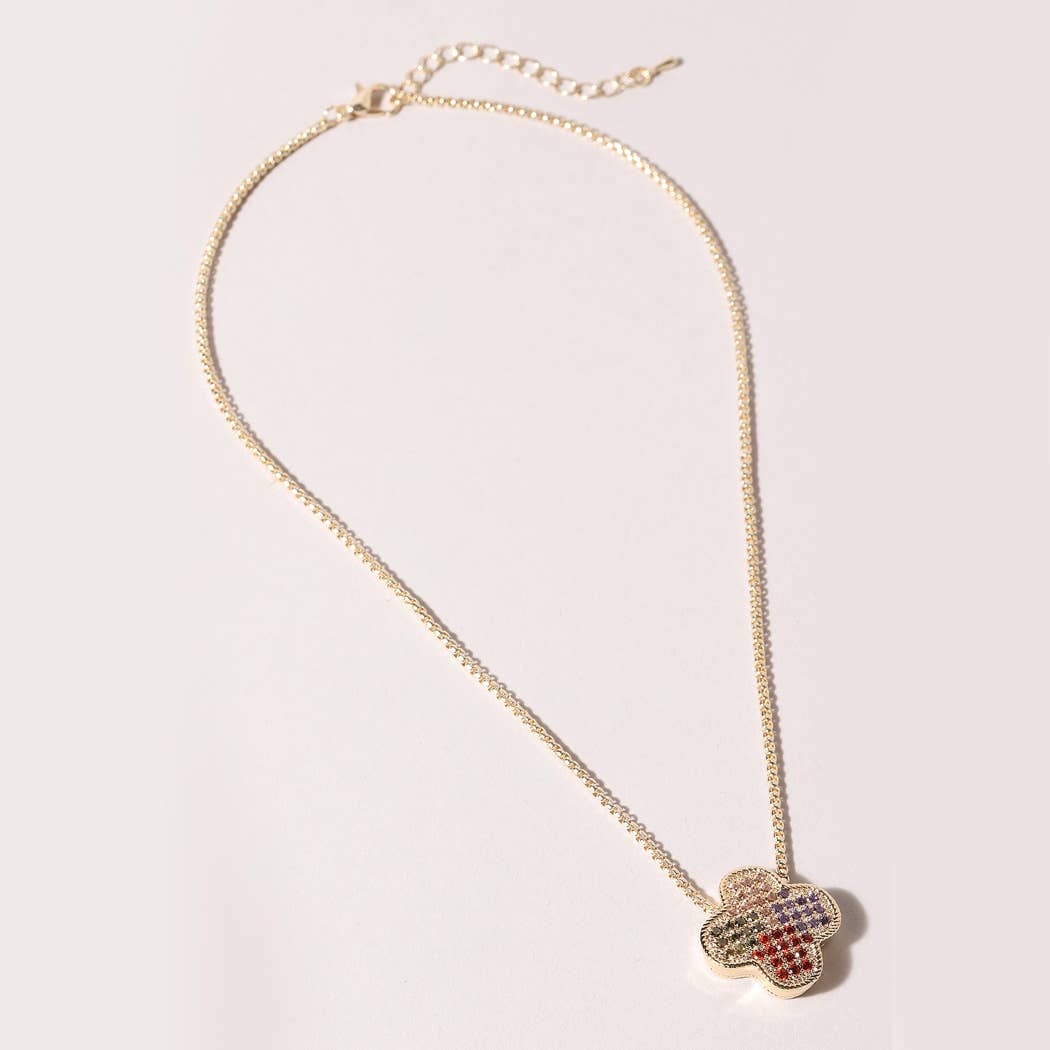 Multicolor Cz Stone Pave Clover Box Chain Necklace