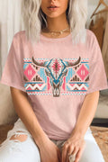 Aztec Pattern Western Cow Skull Graphic Mineral Tshirts