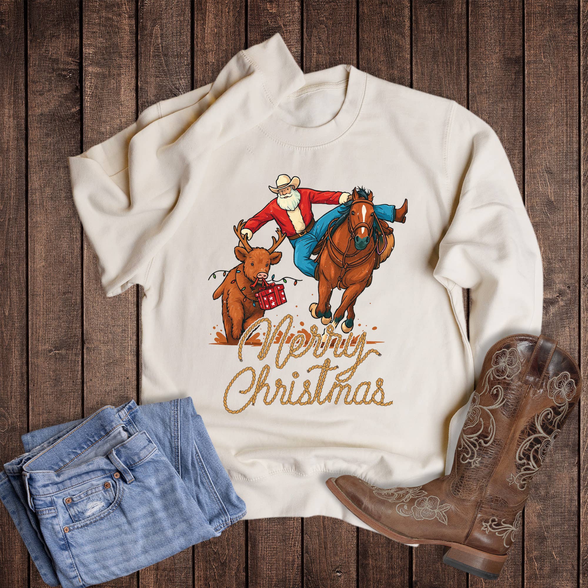 Christmas Western Santa Steer Wrestling Sweatshirt