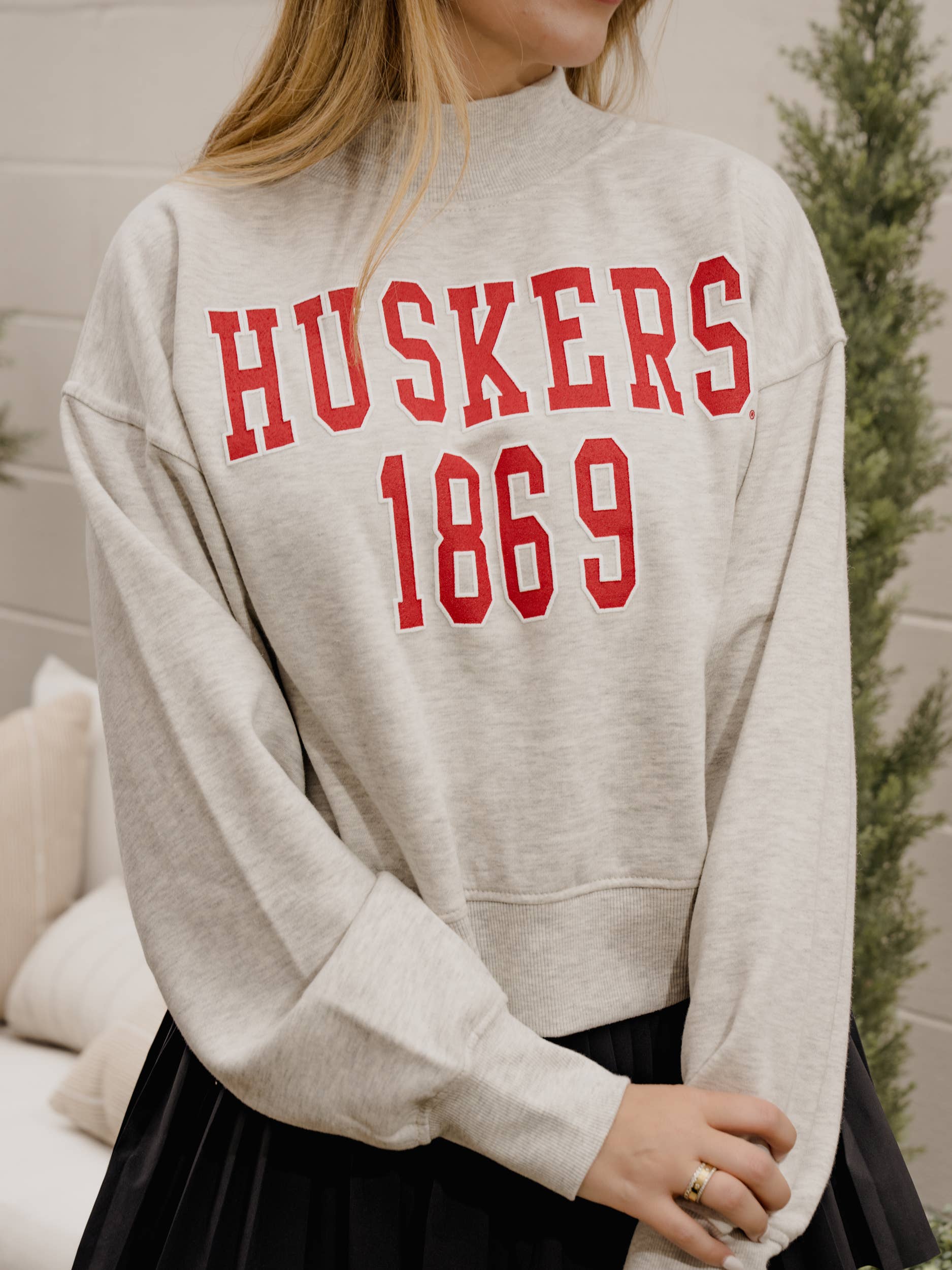 Huskers College Block Puff Ink Gray Mock Neck Sweatshirt