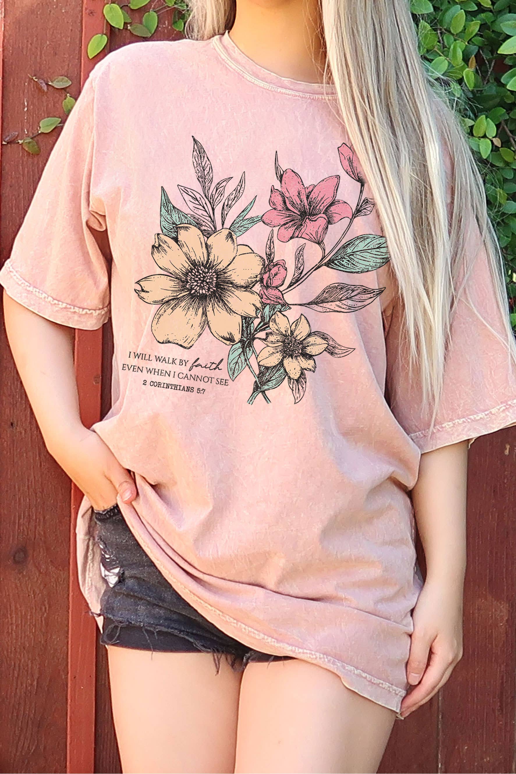 I Will Walk Faith Floral Mineral Oversize Graphic Tshirts