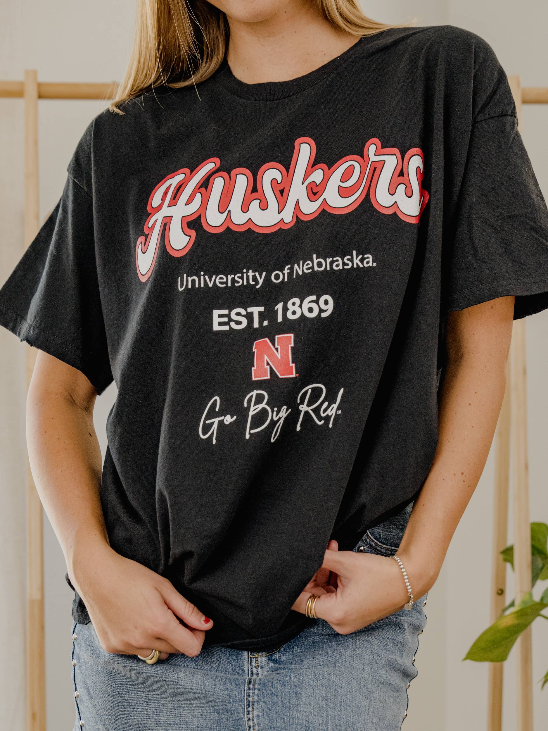 Nebraska Corn Huskers Letterman Black Thrifted Tee