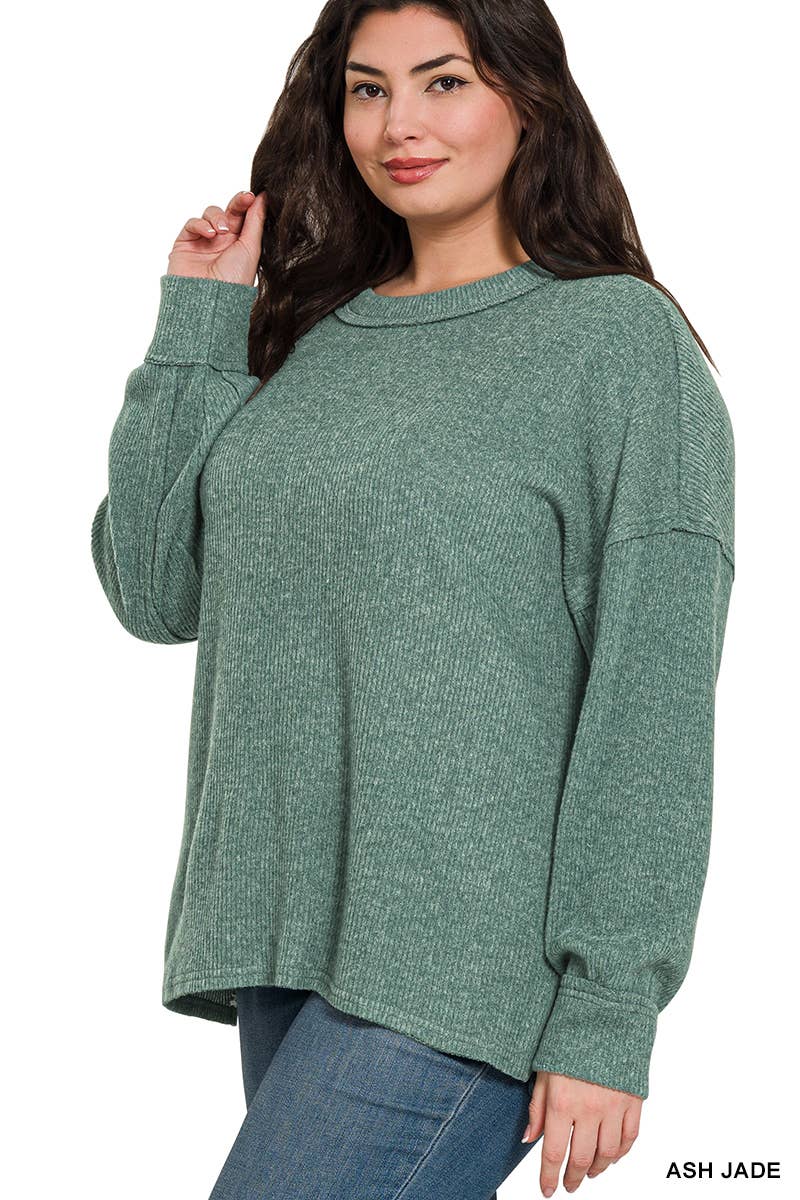 1014 Plus Brushed Ribbed Hacci Exposed Seam Drop Shoulder Sweater