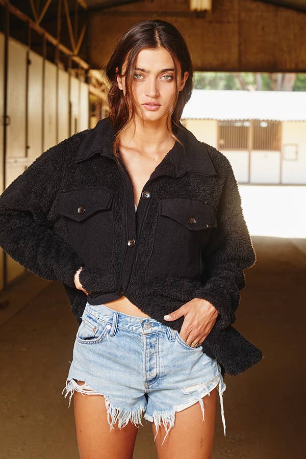 T1861 Oversized Fuzzy Shacket with Big Chest Pockets