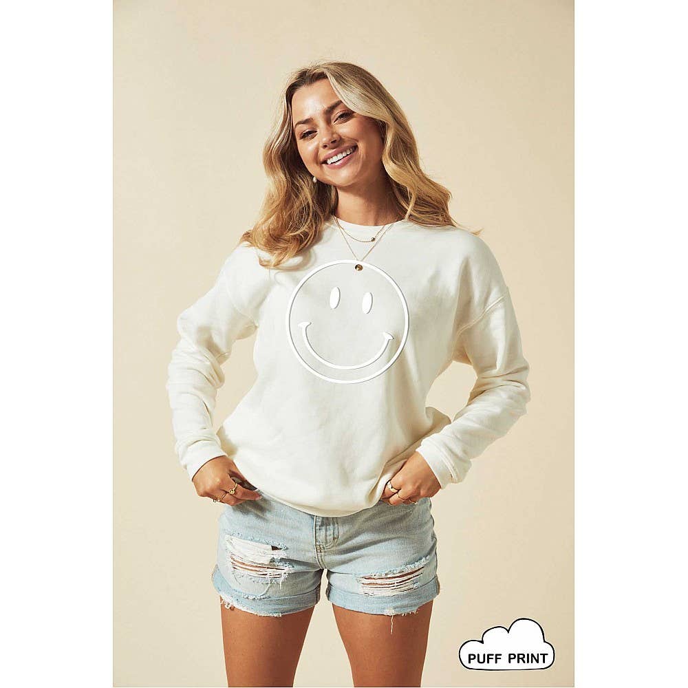Smiley Face Tonal Puff Print Graphic Sweatshirt