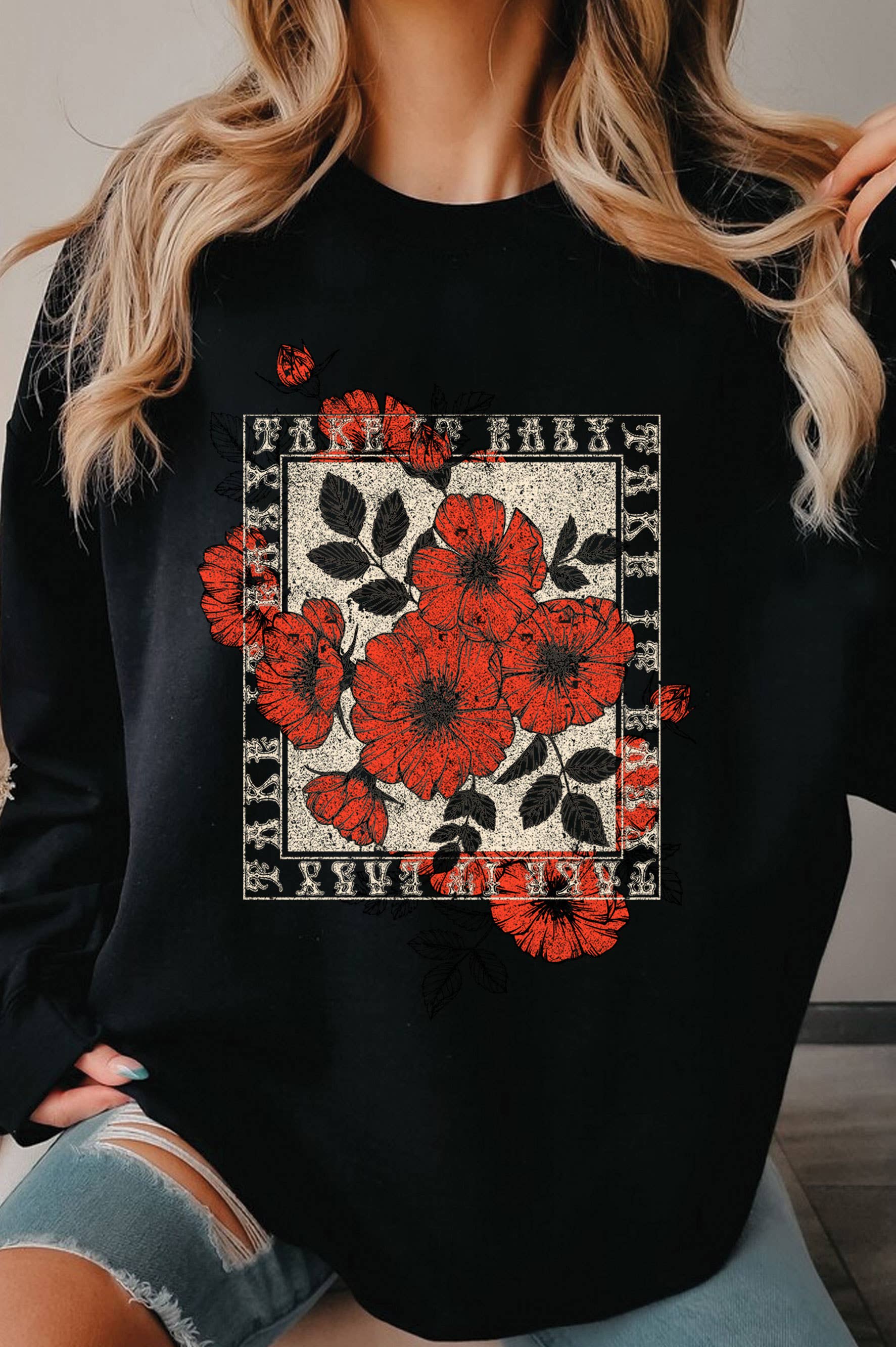 Take It Easy Vintage Flower Graphic Brushed Sweatshirts
