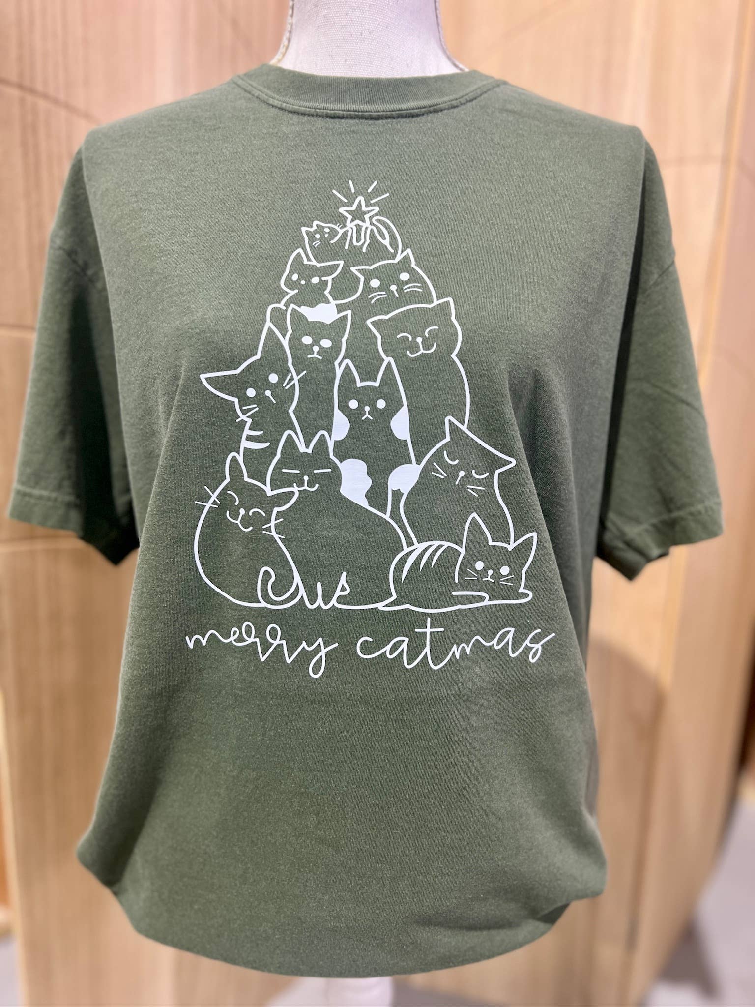 Merry Catmas White Print On Comfort Colors Moss